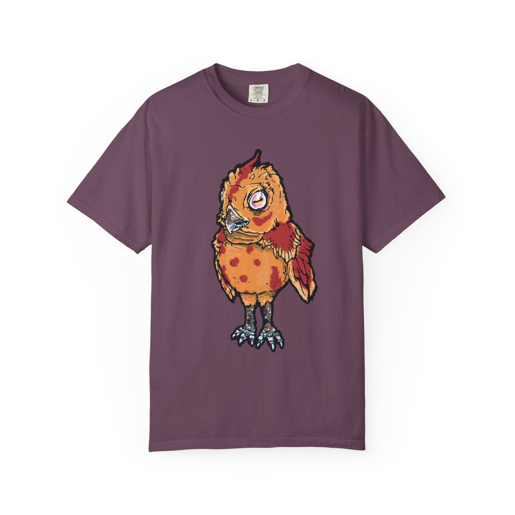 Hand-drawn spotted pizza owl monster t-shirt with melted cheese spots, pepperoni red markings and big multicolored eye tee from PizzaBytes collection