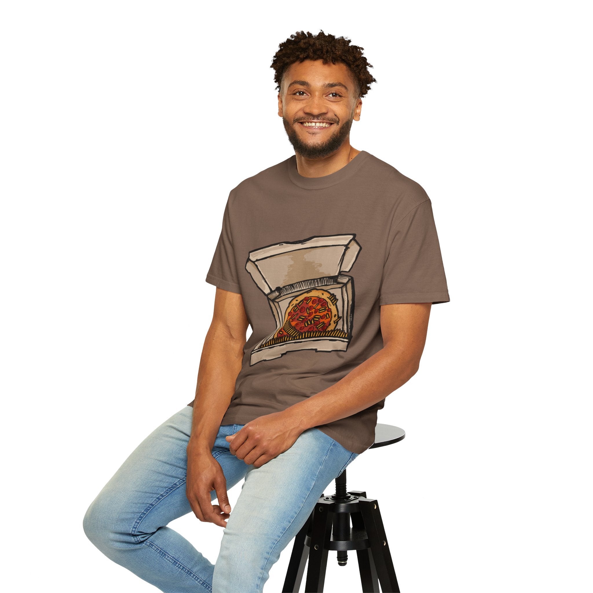 Hand-drawn pepperoni and bullets pizza box t-shirt showing open pizza box with pepperoni pizza surrounded by bullets from PizzaBytes collection

