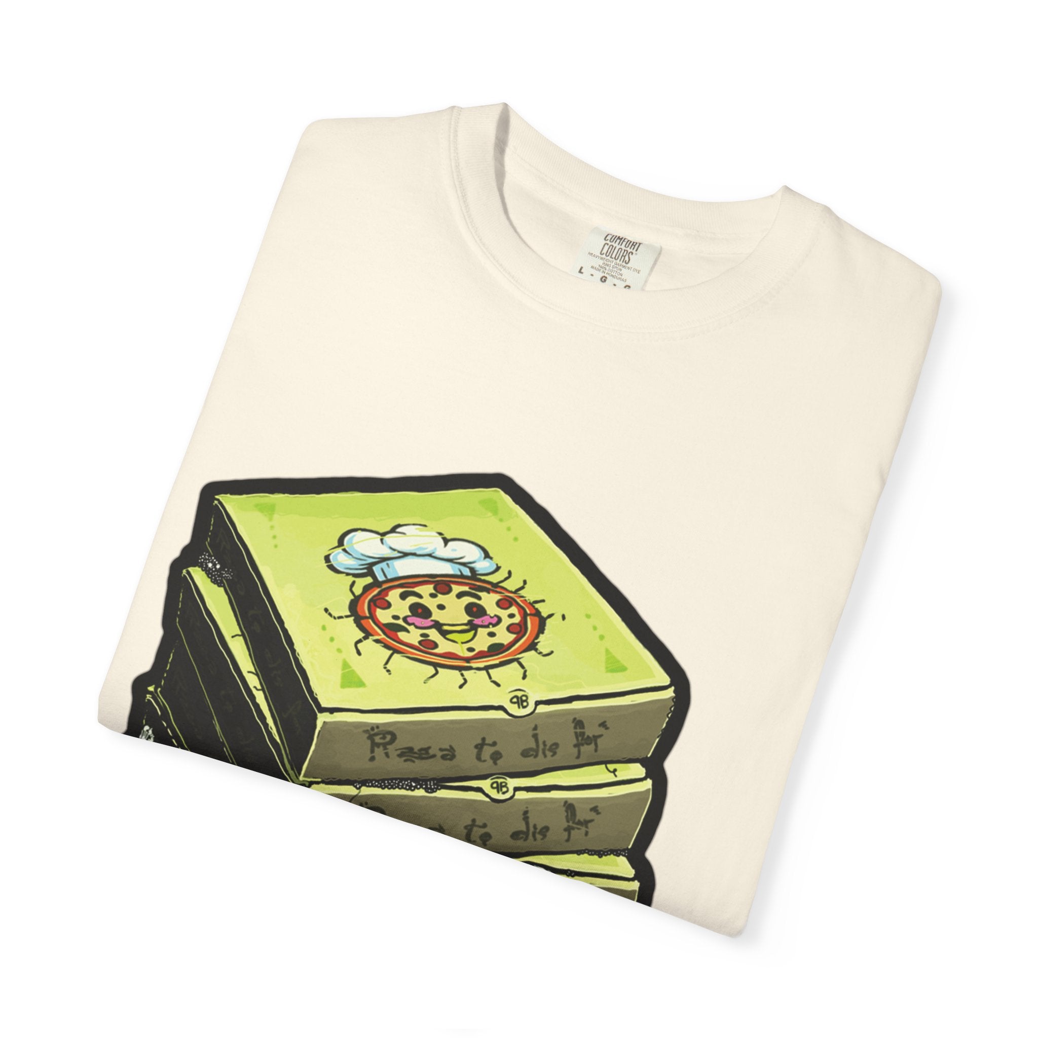 Hand-drawn toxic pizza stack t-shirt with glowing green pizza character and slimy tentacle on tee from PizzaBytes collection