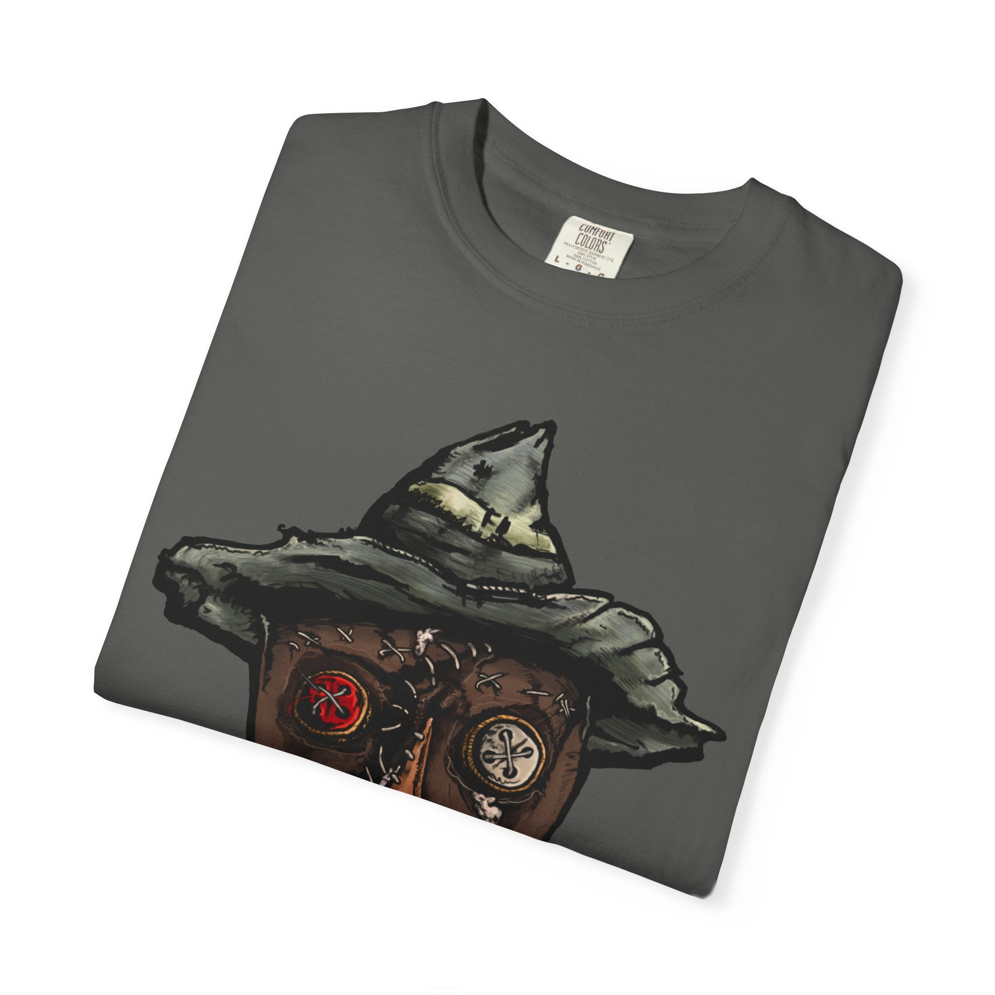 Freaky Features Scarecrow t-shirt, front shows creepy scarecrow head with witch hat and mismatched eyes, back shows open pizza box with lattice cherry pie
