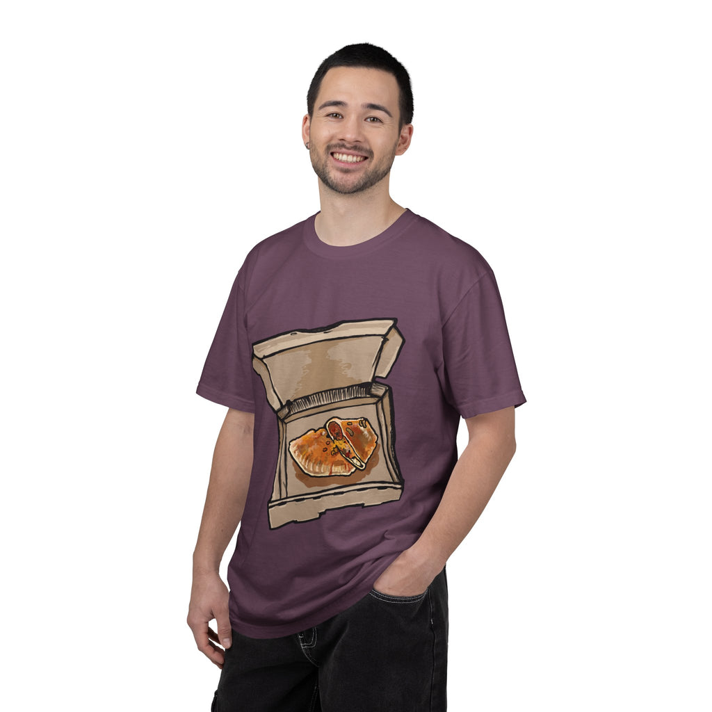Hand-drawn calzone pizza box t-shirt showing open pizza box with two calzones from PizzaBytes collection

