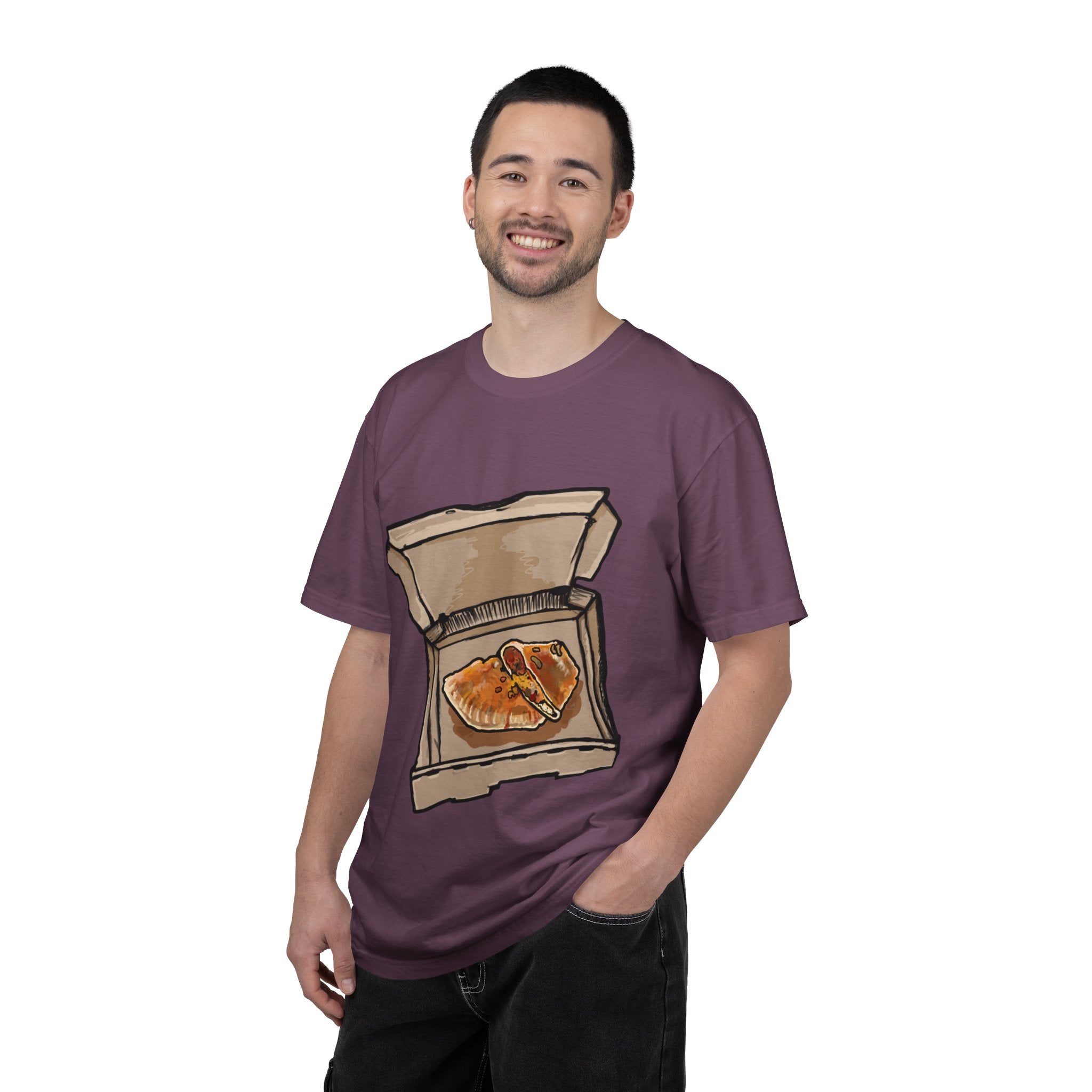 Hand-drawn calzone pizza box t-shirt showing open pizza box with two calzones from PizzaBytes collection

