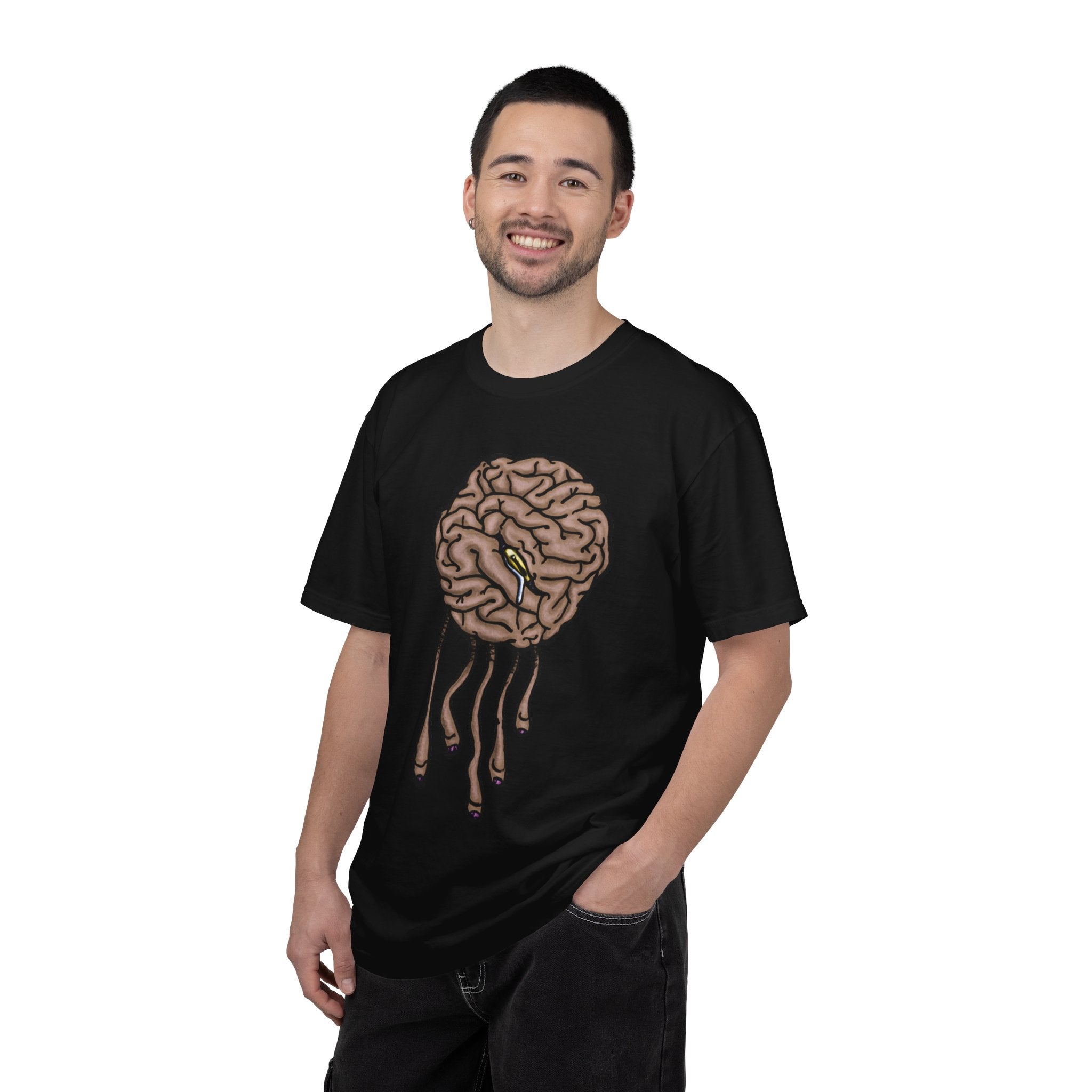 Freaky Features Sad Brian t-shirt, front shows a sad dripping brain monster with tentacles, back shows an open pizza box with half-eaten cake dripping
