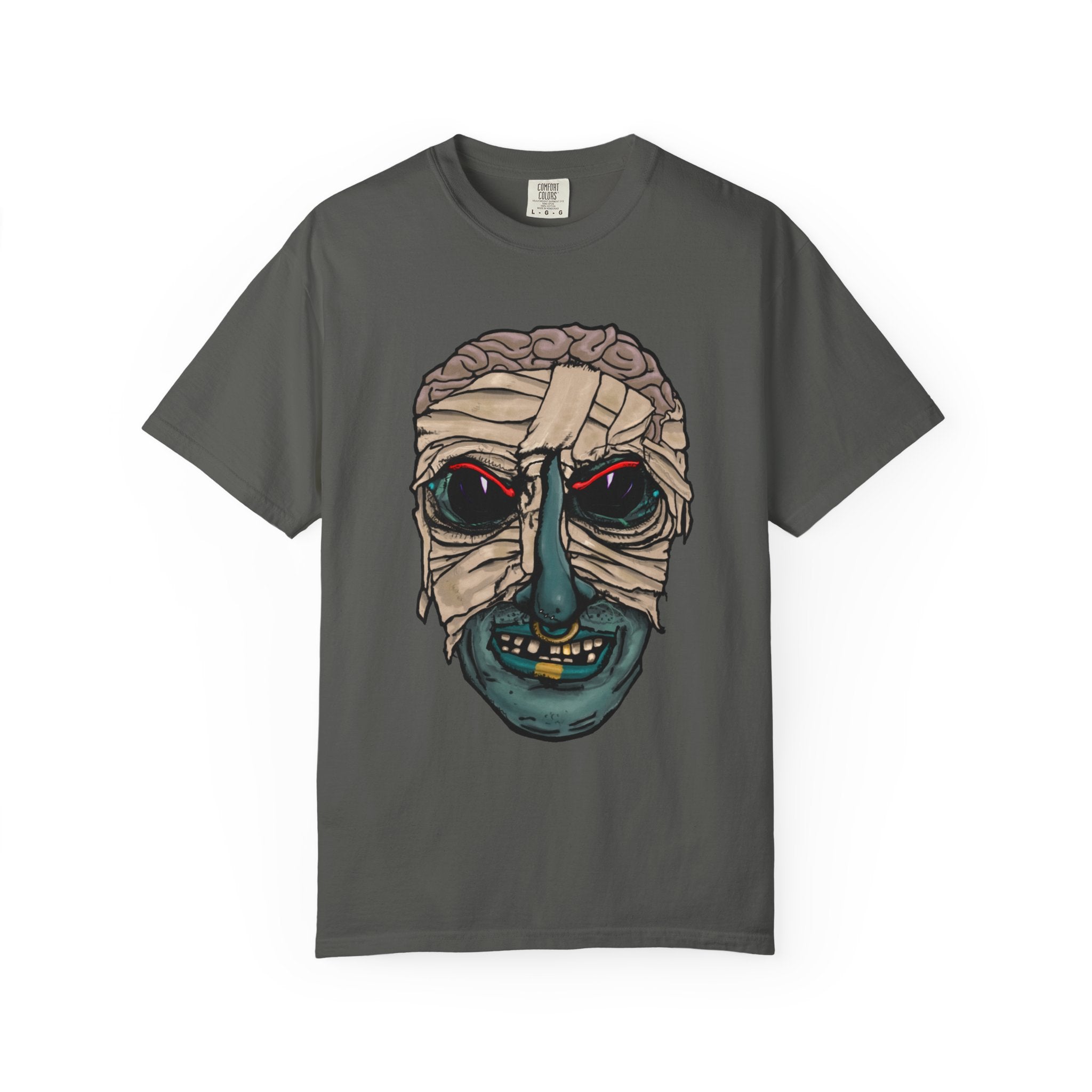 Freaky Features Mummy t-shirt, front shows bandaged mummy head with exposed brain and glowing eyes, back shows open pizza box with brain pizza and worms

