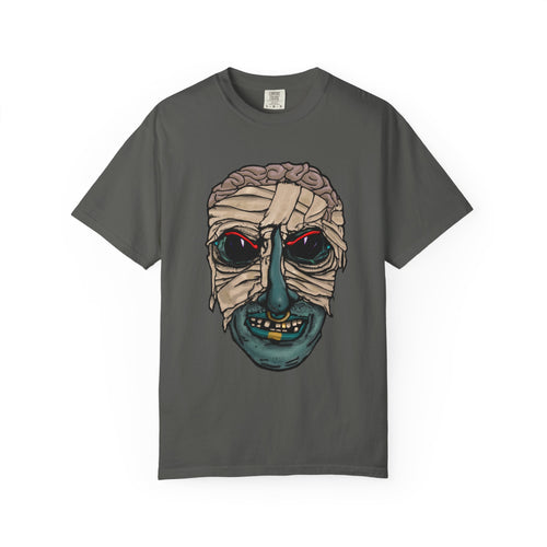 Freaky Features Mummy t-shirt, front shows bandaged mummy head with exposed brain and glowing eyes, back shows open pizza box with brain pizza and worms

