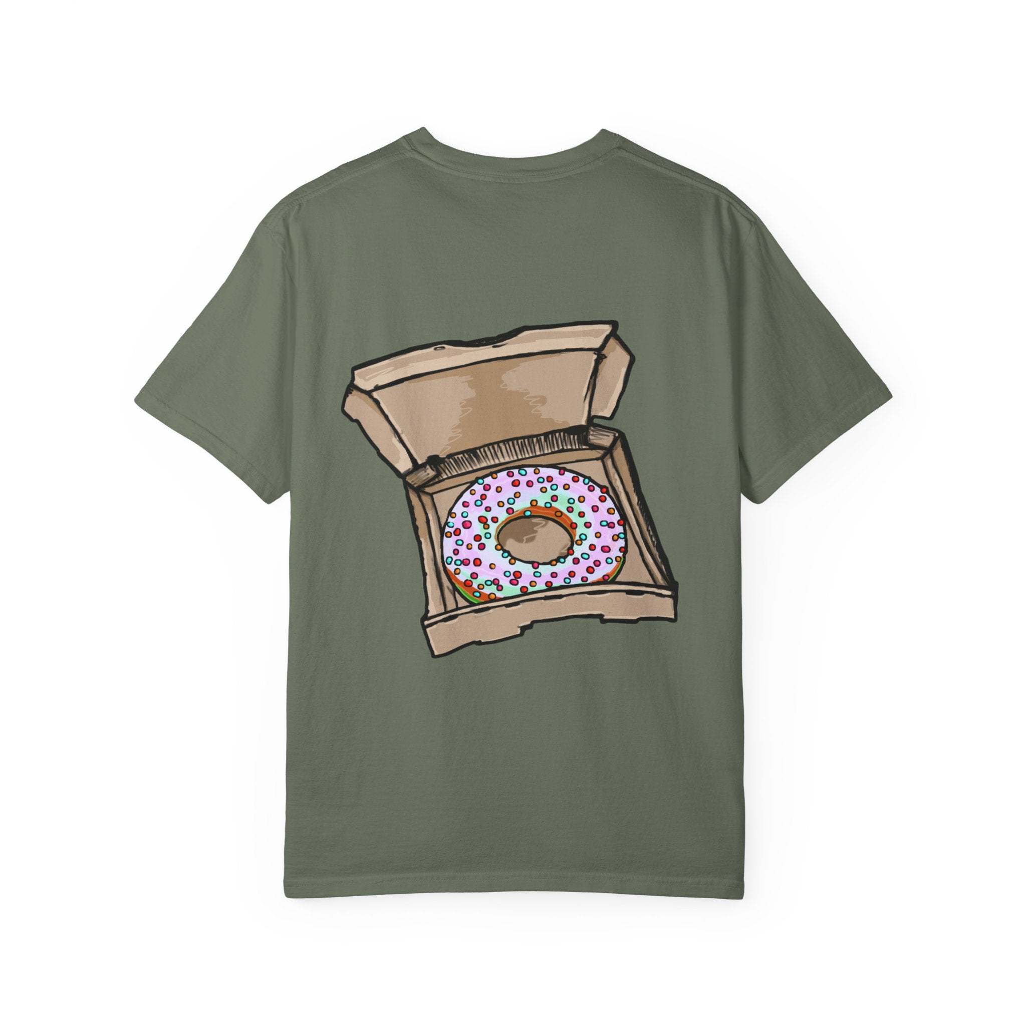 Freaky Features Mushroom Boy t-shirt, front shows grotesque mushroom skull with red cap and multiple eyes, back shows open pizza box with rainbow sprinkle donut
