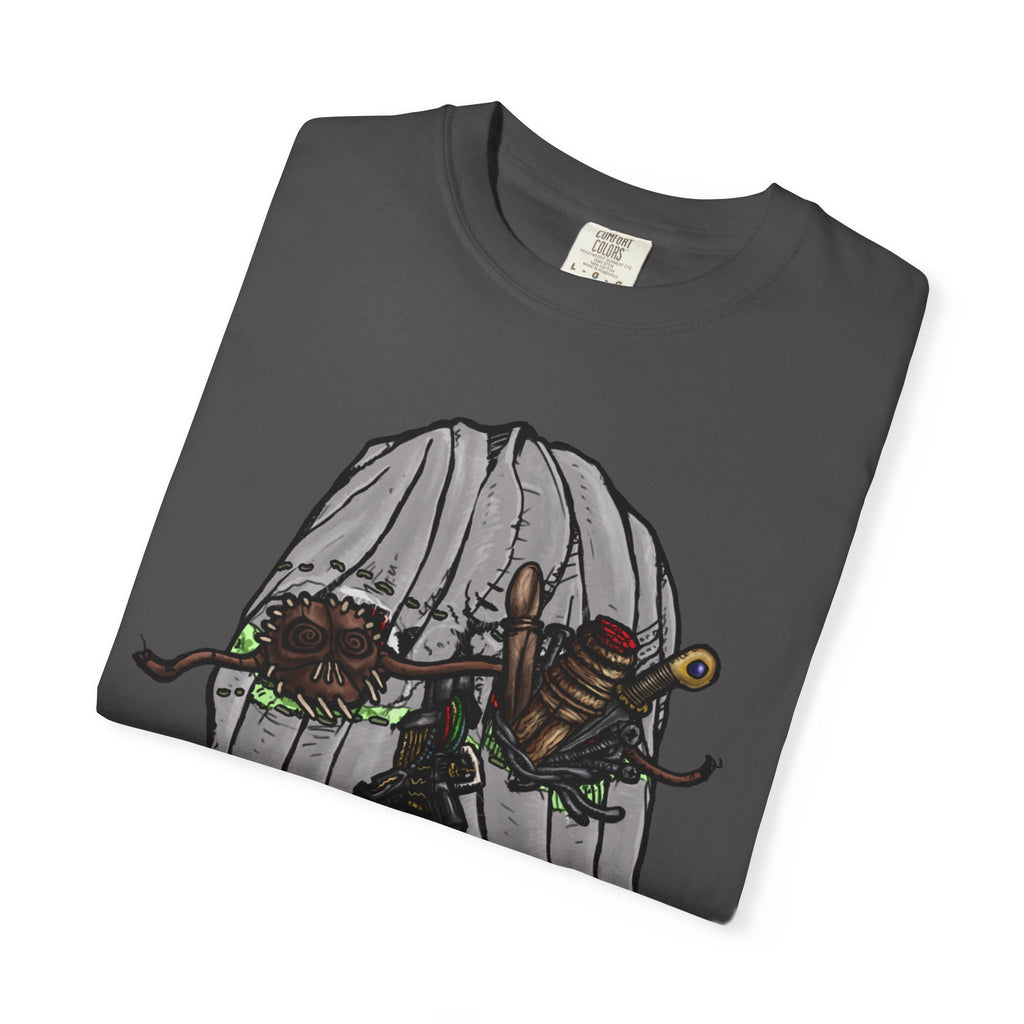 Freaky Features Ghost t-shirt, front shows creepy ghost hood with weapons and screaming eye mouth, back shows open pizza box with floating ghost face
