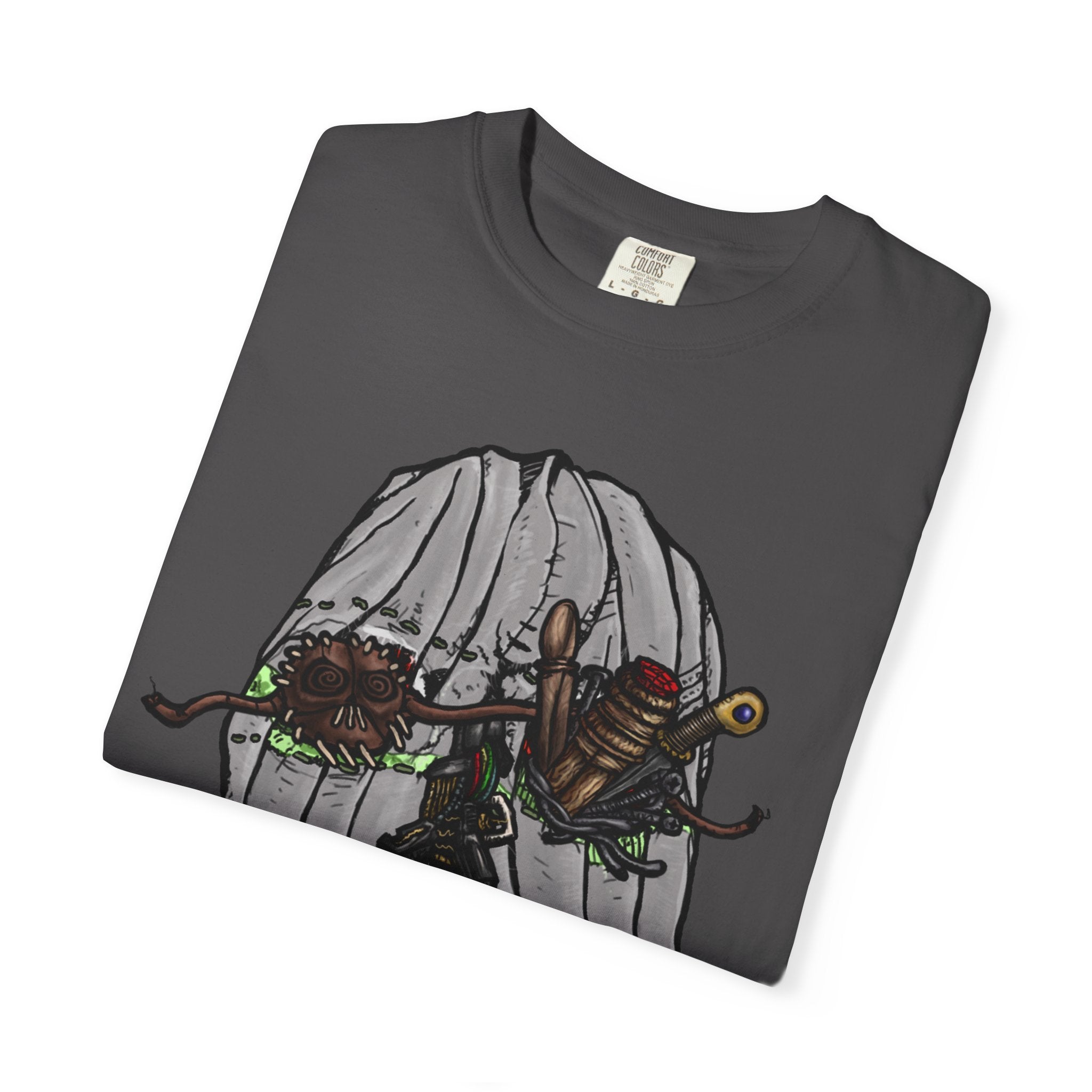 Freaky Features Ghost t-shirt, front shows creepy ghost hood with weapons and screaming eye mouth, back shows open pizza box with floating ghost face
