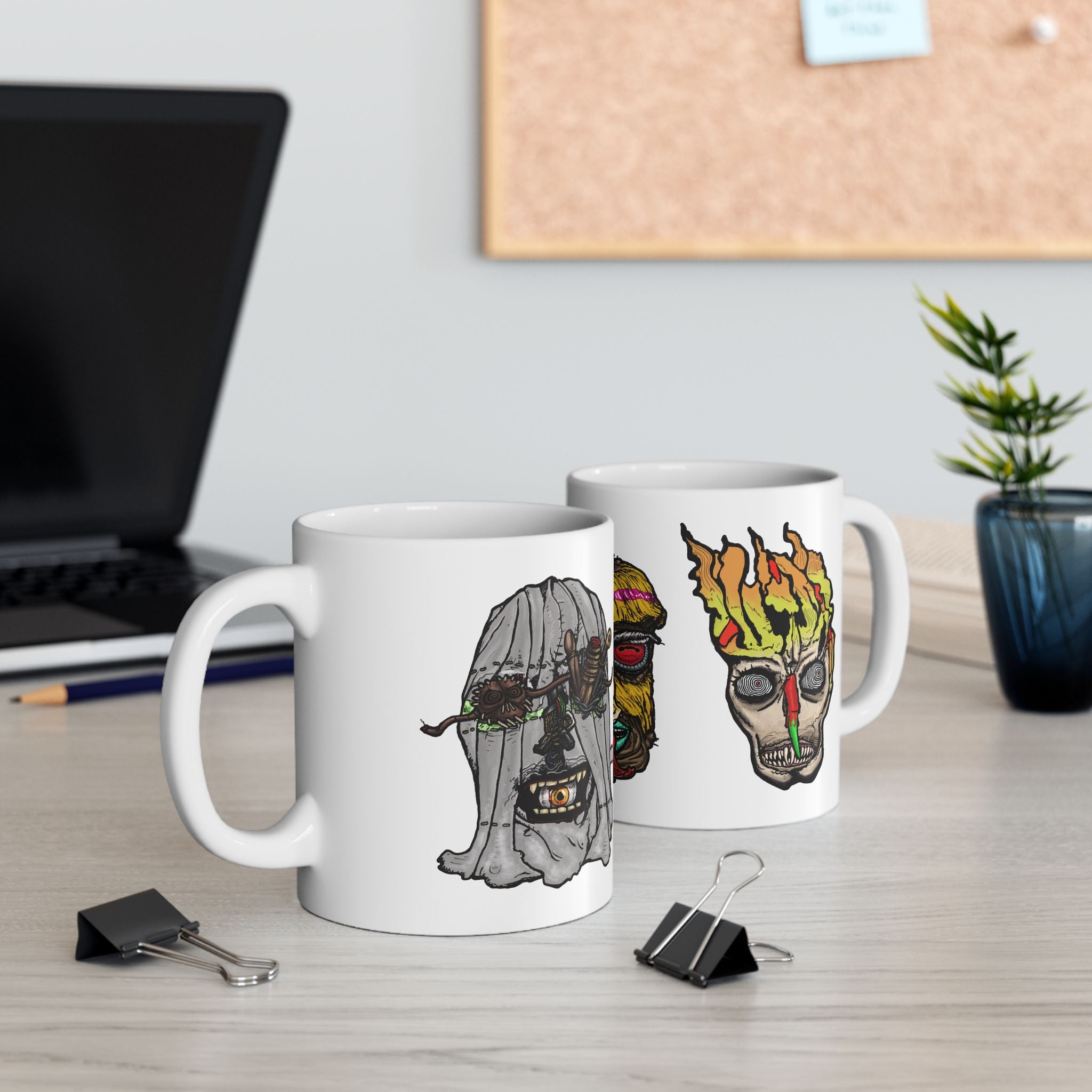 Freaky Features Ghost HorrorBird Flaming Skull mug showing three monster designs: creepy ghost with weapons, horror rooster, and flaming skull with chili nose on white ceramic mug