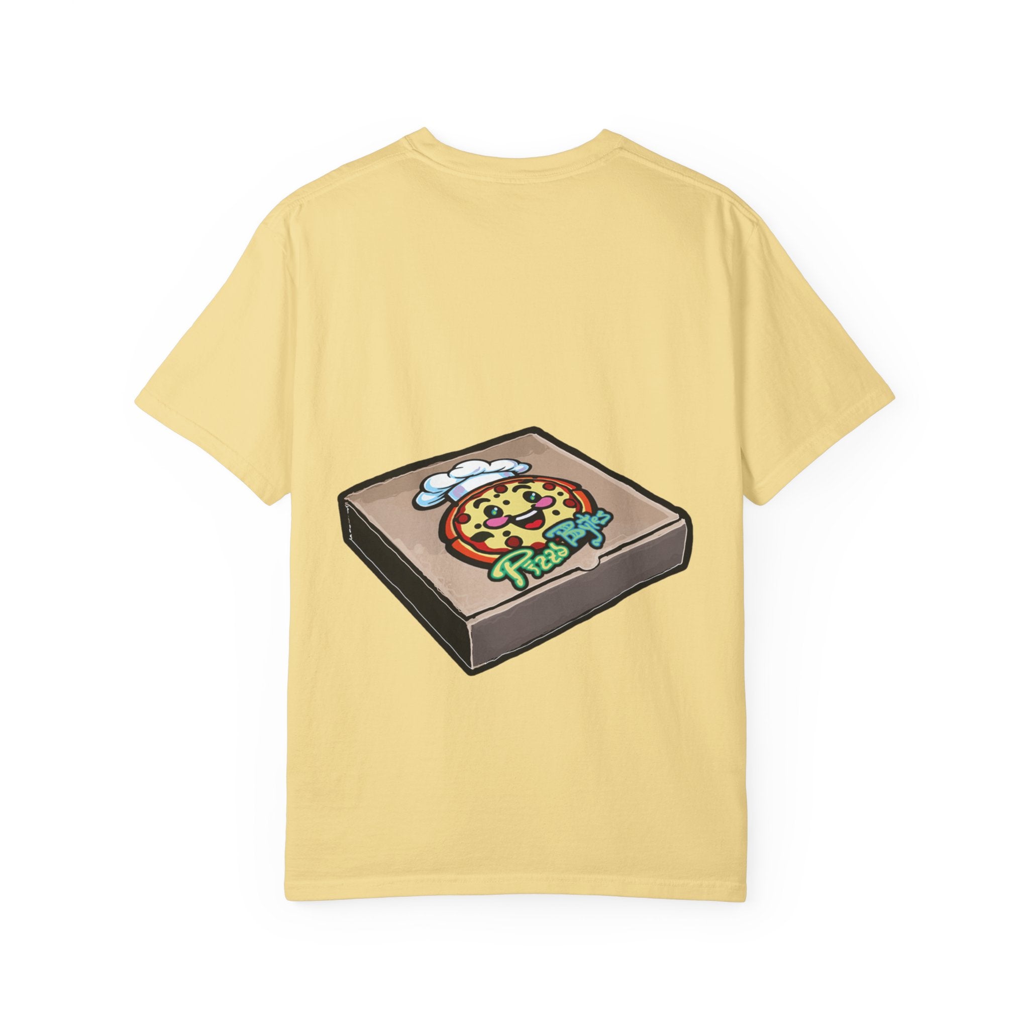 Hand-drawn spotted pizza owl monster t-shirt with melted cheese spots, pepperoni red markings and big multicolored eye tee from PizzaBytes collection