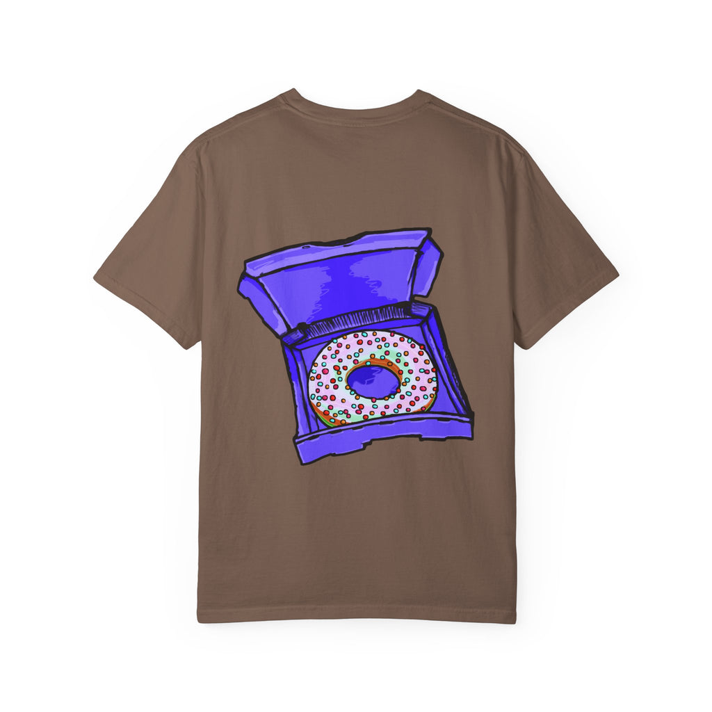 Freaky Features Brian t-shirt, front shows purple brain monster with tentacles, back shows open purple pizza box with a donut inside