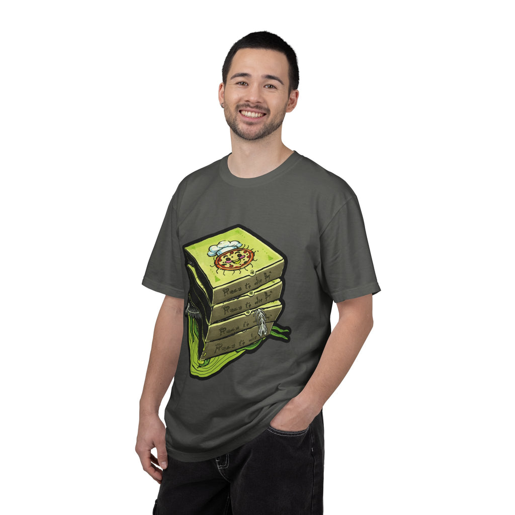 Hand-drawn toxic pizza stack t-shirt with glowing green pizza character and slimy tentacle on tee from PizzaBytes collection