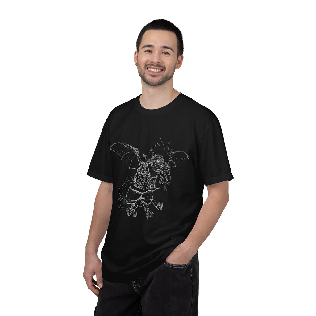 Hand-sketched Cockatrice t-shirt from Serenity Chain, mythical rooster-serpent creature in raw white line art on black tee
