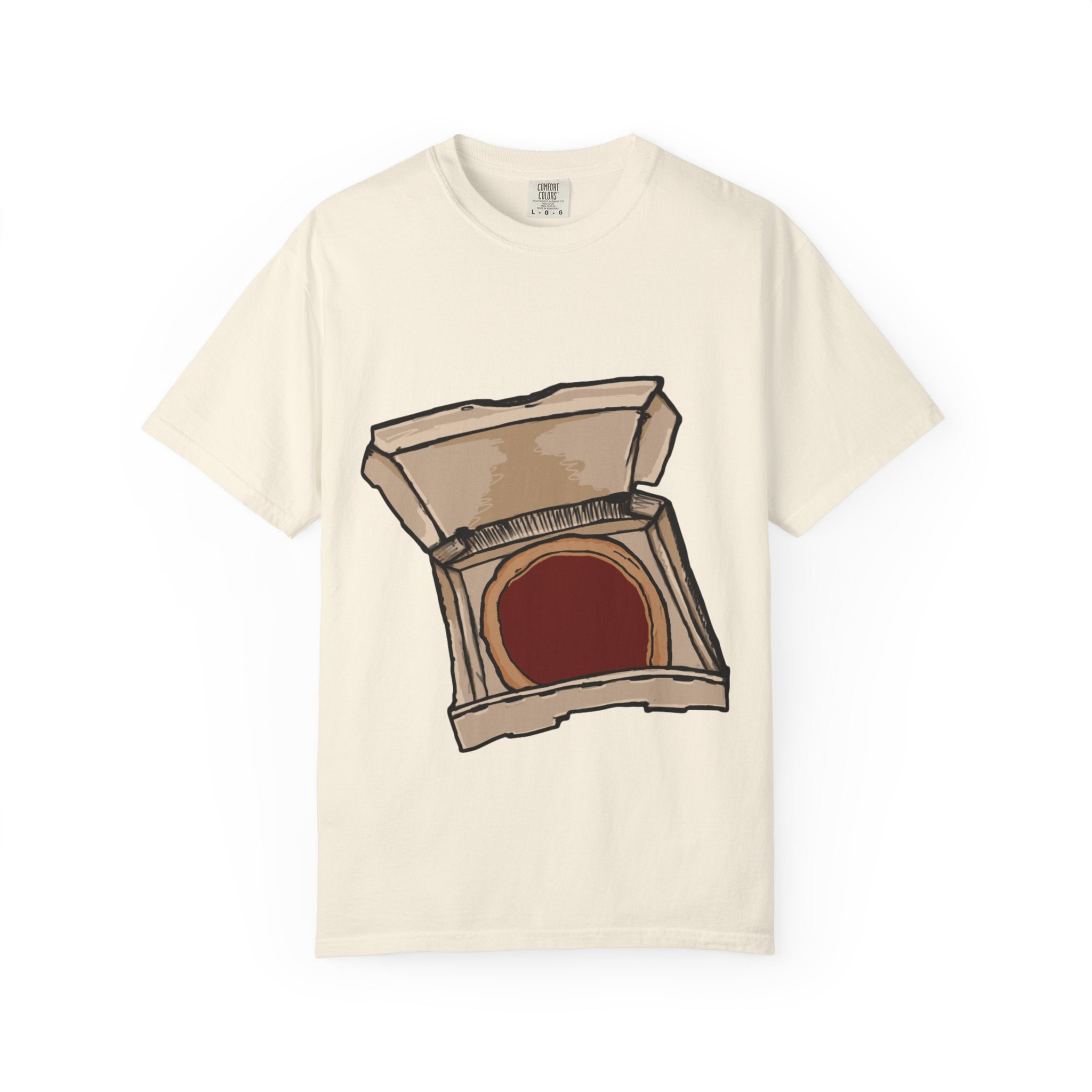 Hand-drawn red sauce pizza box t-shirt showing open pizza box with red sauce pizza from PizzaBytes collection

