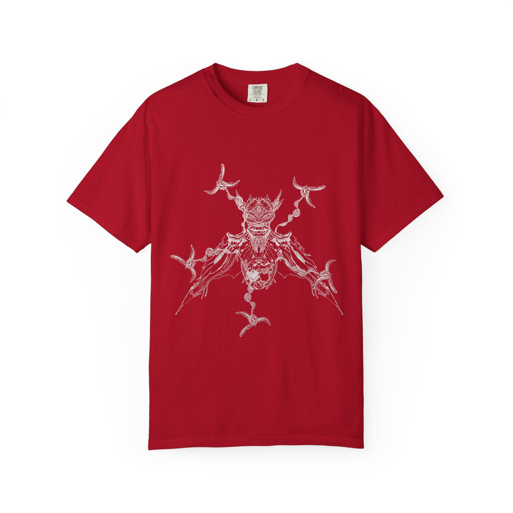 Hand-sketched Reptile Angel t-shirt from Serenity Chain, grotesque winged reptilian creature in raw white line art on black tee
