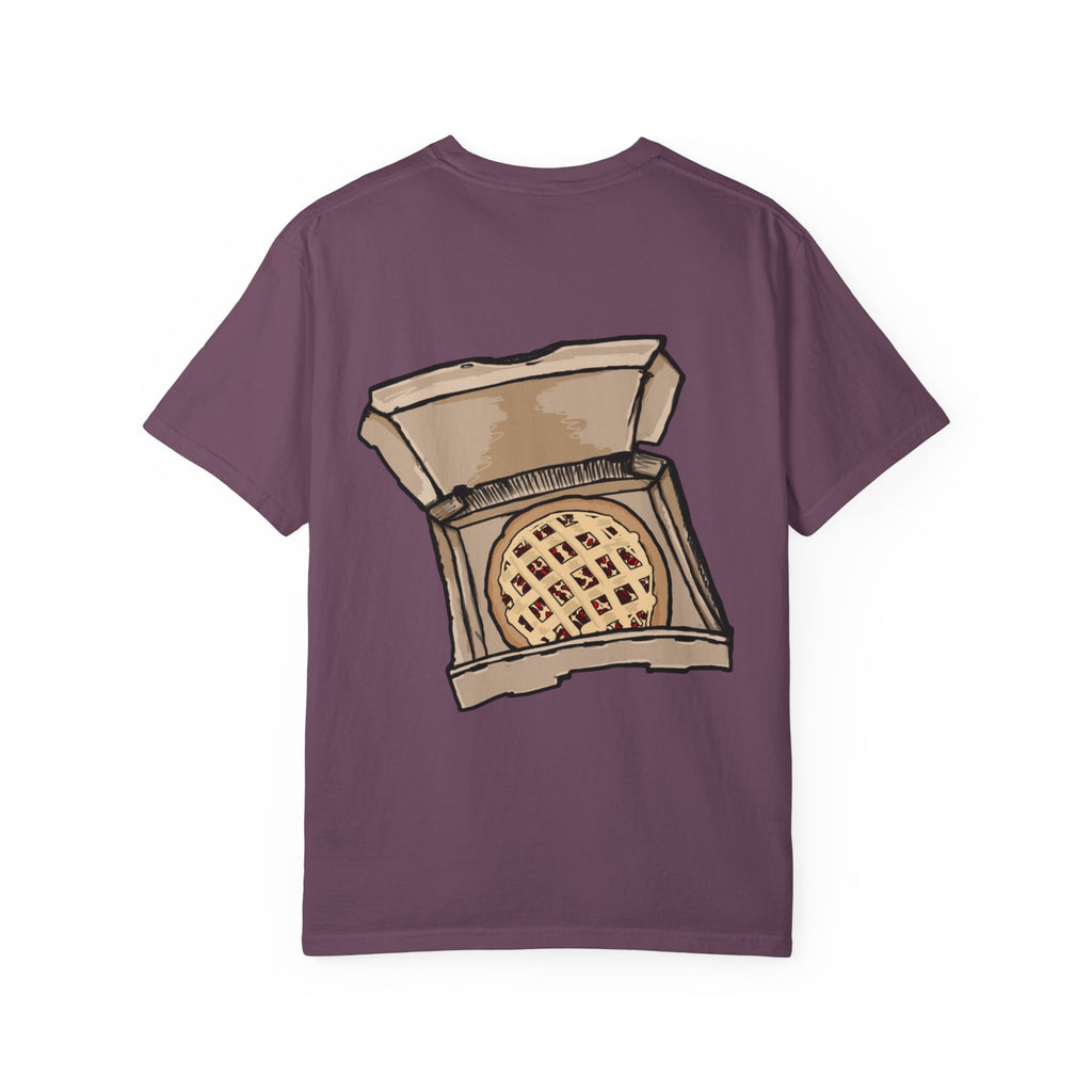 Freaky Features Scarecrow t-shirt, front shows creepy scarecrow head with witch hat and mismatched eyes, back shows open pizza box with lattice cherry pie

