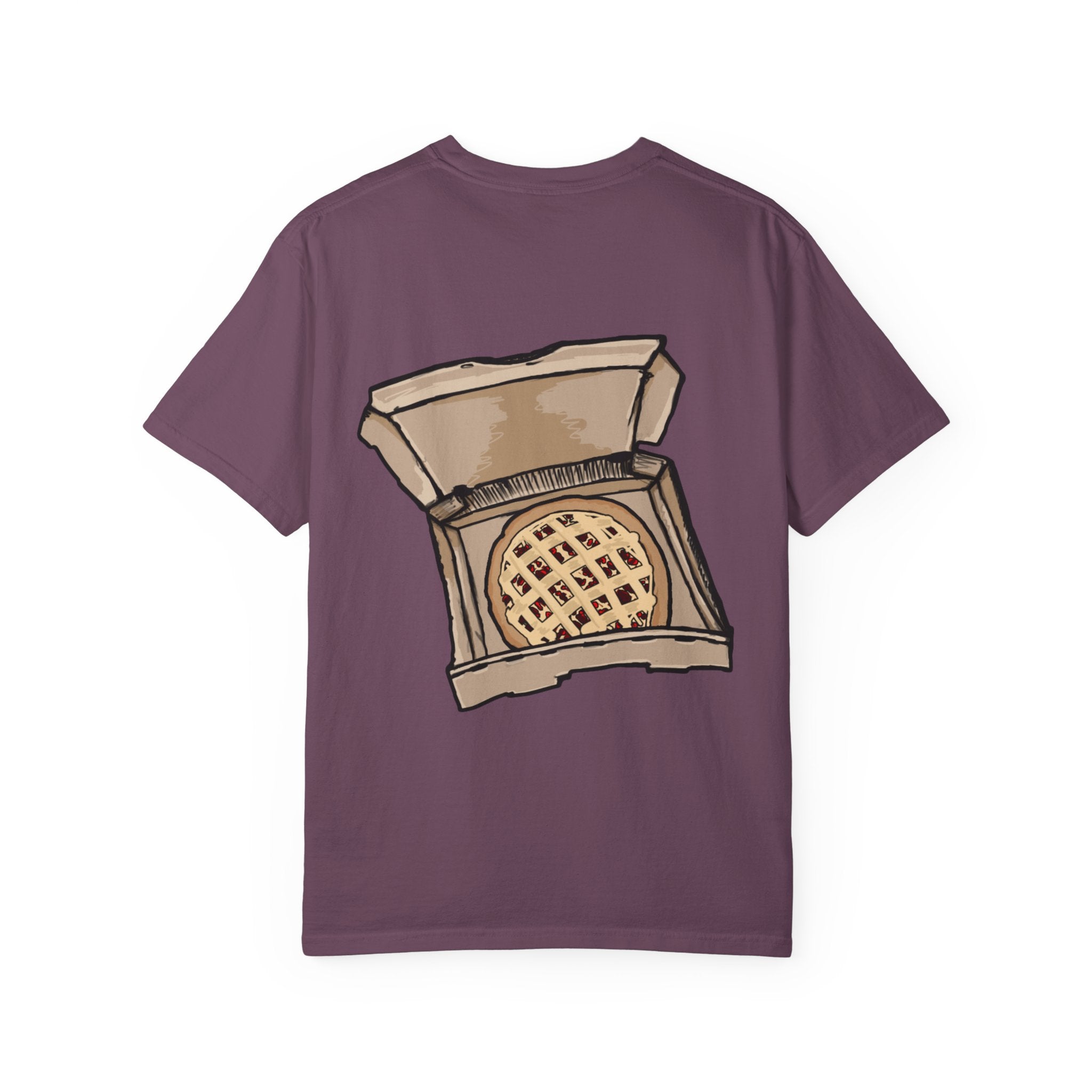 Freaky Features Scarecrow t-shirt, front shows creepy scarecrow head with witch hat and mismatched eyes, back shows open pizza box with lattice cherry pie
