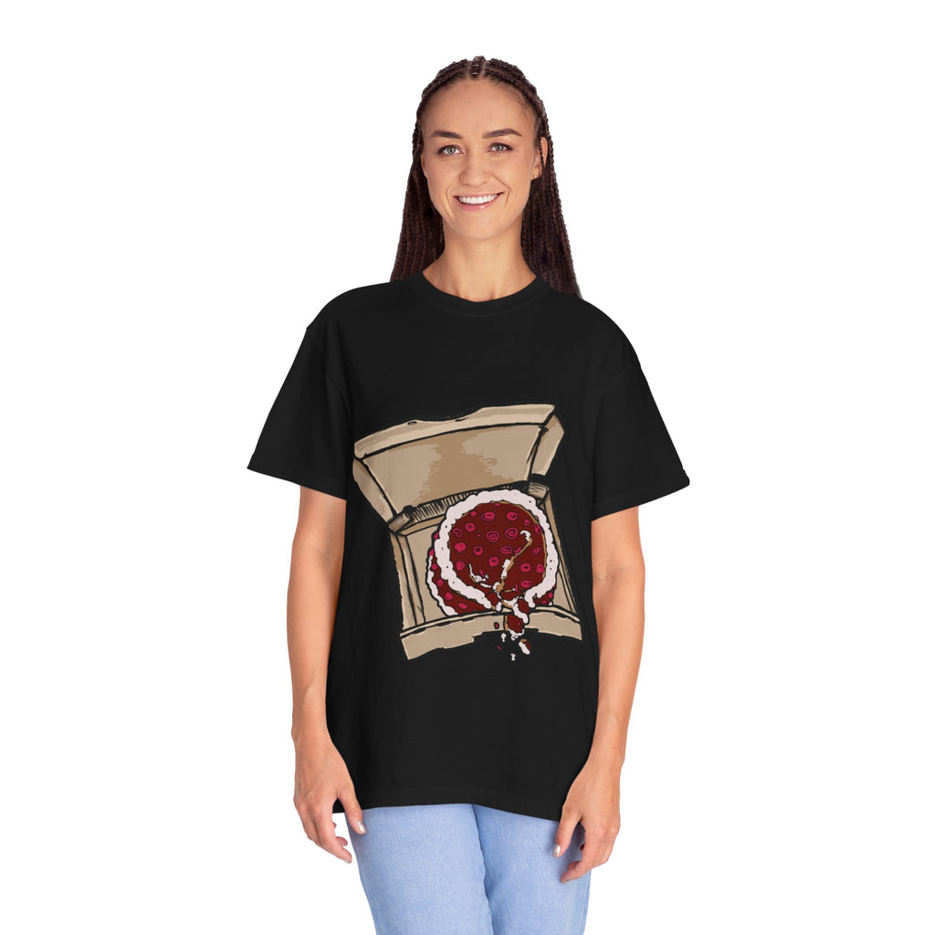 Hand-drawn cake pizza box t-shirt showing open pizza box with melting cake from PizzaBytes collection

