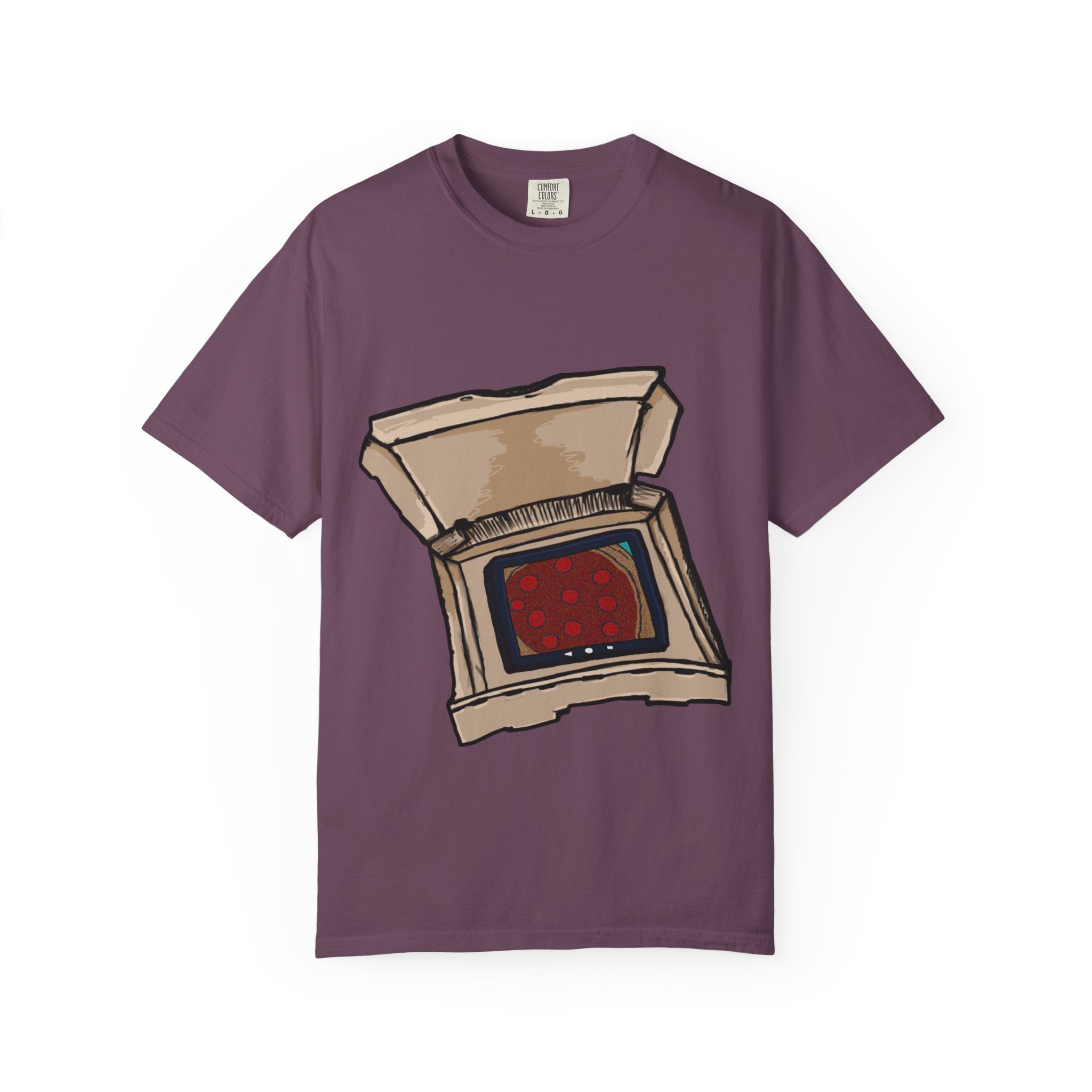Hand-drawn TV pizza box t-shirt showing open pizza box turned into a retro television with pepperoni pizza on the screen from PizzaBytes collection

