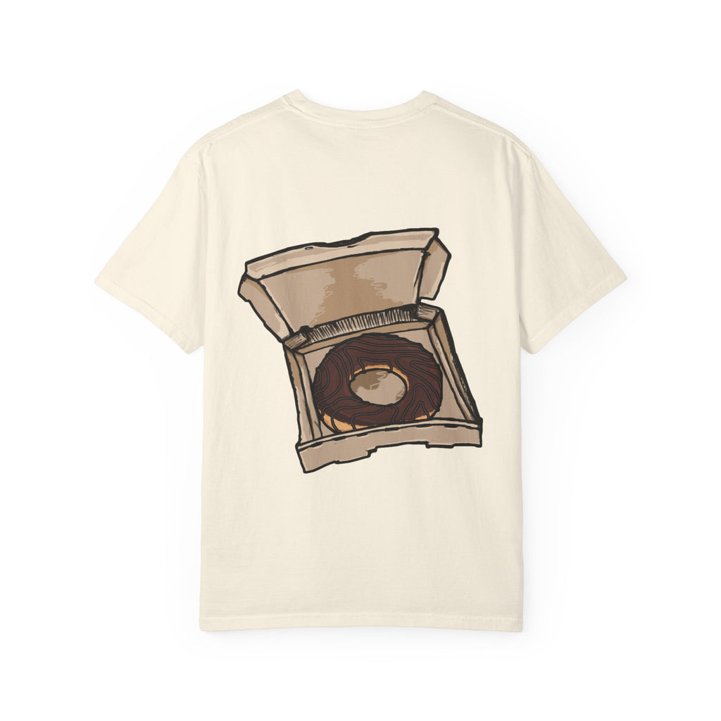 Freaky Features Paranoid Chicken t-shirt, front shows paranoid rooster head, back shows open pizza box with chocolate donut