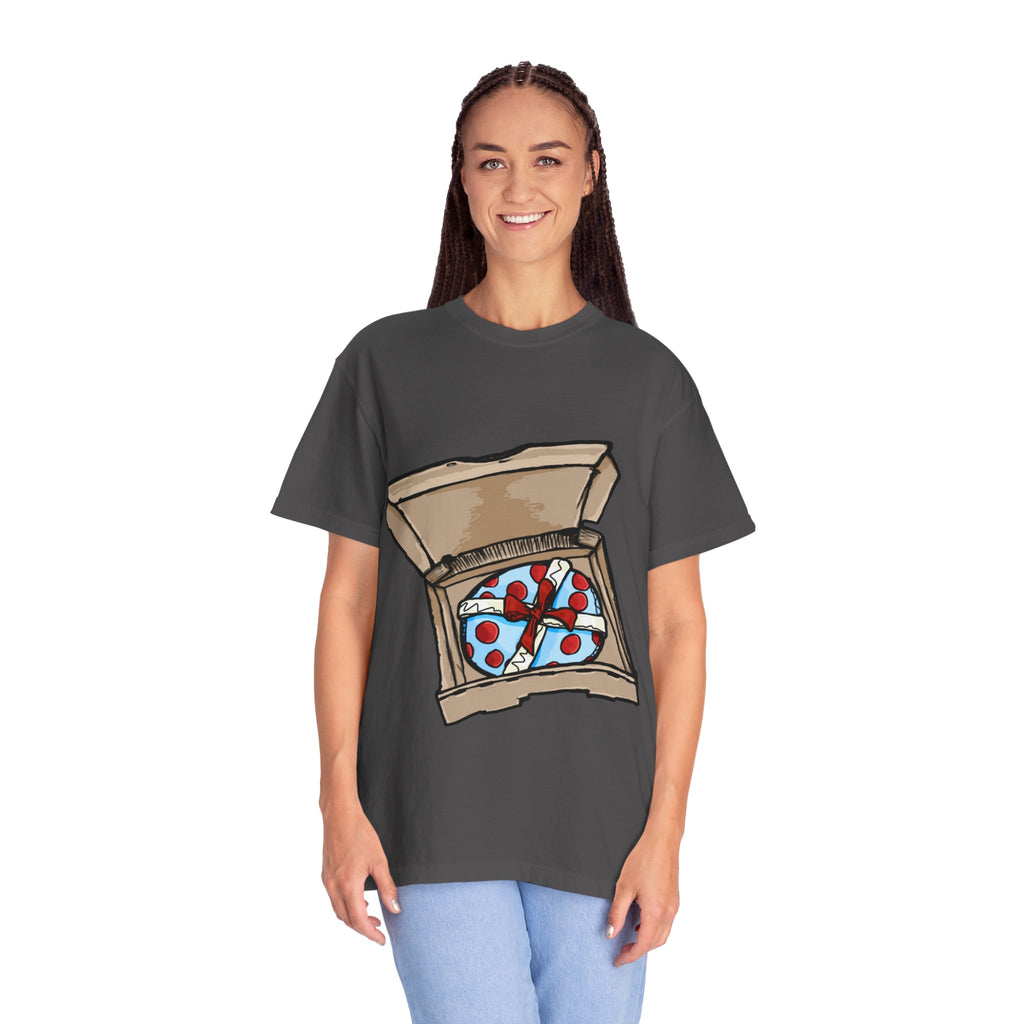 Hand-drawn gift pizza box t-shirt showing open pizza box with blue polka-dotted wrapped gift and red bow on Comfort tee from PizzaBytes collection
