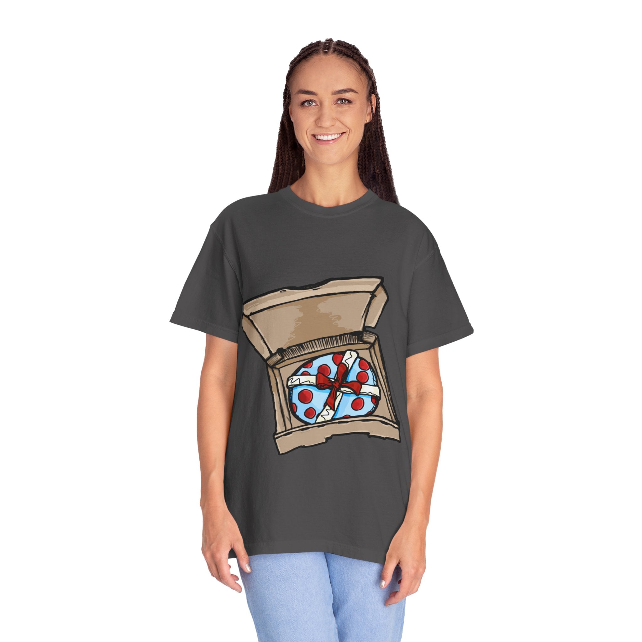 Hand-drawn gift pizza box t-shirt showing open pizza box with blue polka-dotted wrapped gift and red bow on Comfort tee from PizzaBytes collection
