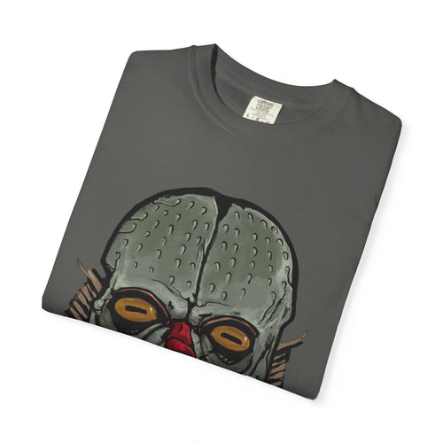 Freaky Features Fishman t-shirt, front shows grotesque fishman with orange eyes and red nose, back shows open pizza box with sewer pizza and skeletons
