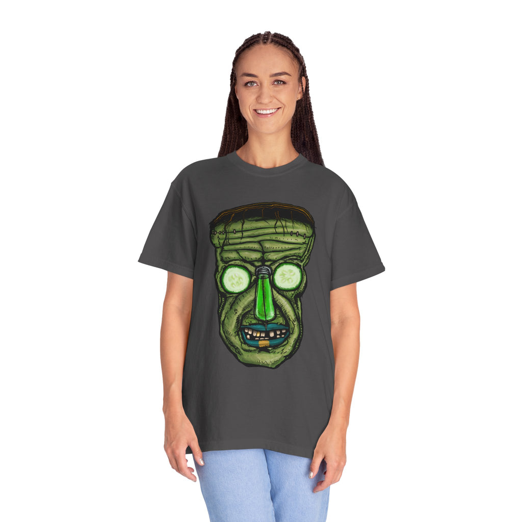 Freaky Features Franky t-shirt, front shows Frankenstein-style monster head with cucumber eyes and poison vial nose, back shows monster-headed pizza box with green pizza frisbee