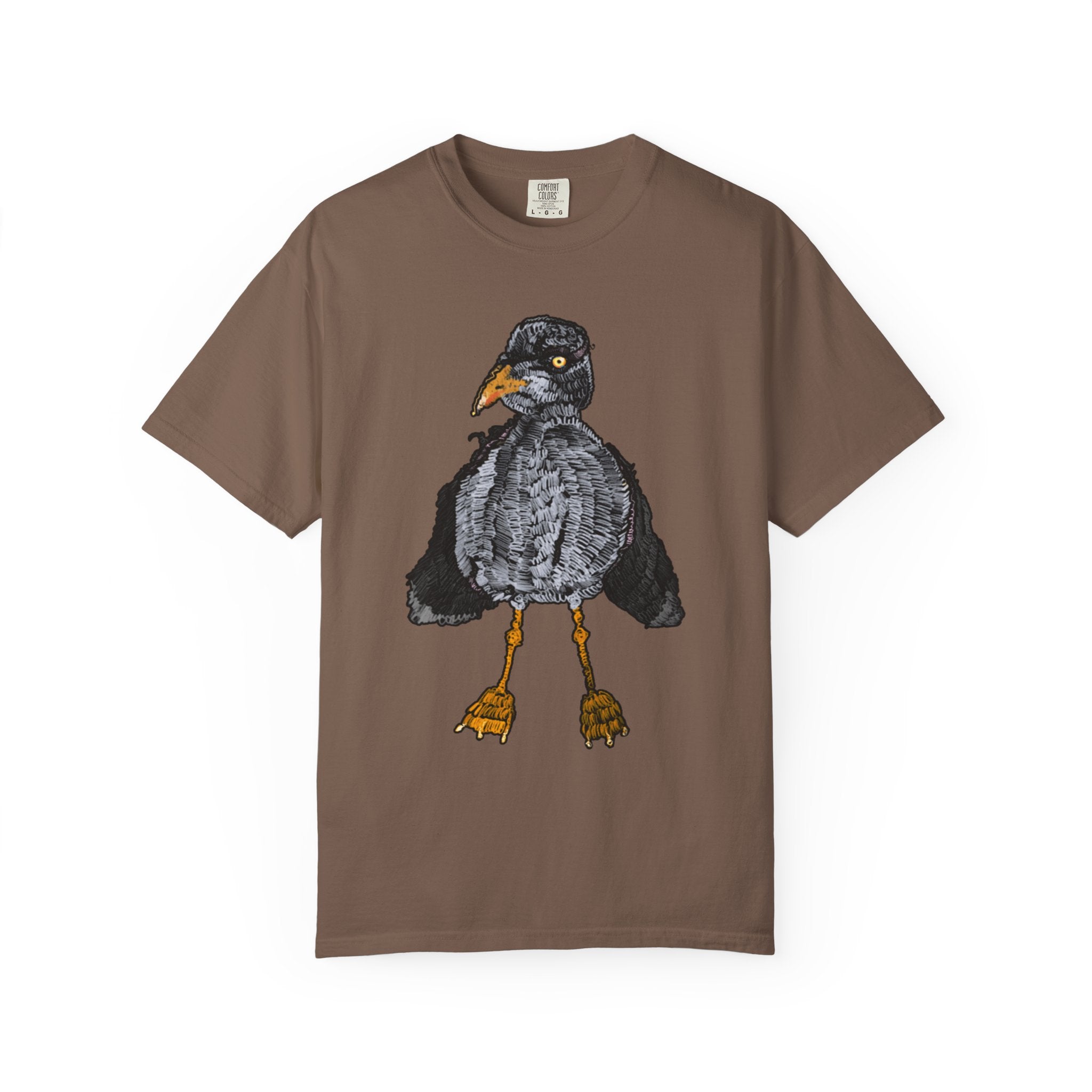 Hand-drawn crocheted staring seagull t-shirt with textured feathers, intense yellow eye and orange legs on Comfort Colors tee from PizzaBytes collection
