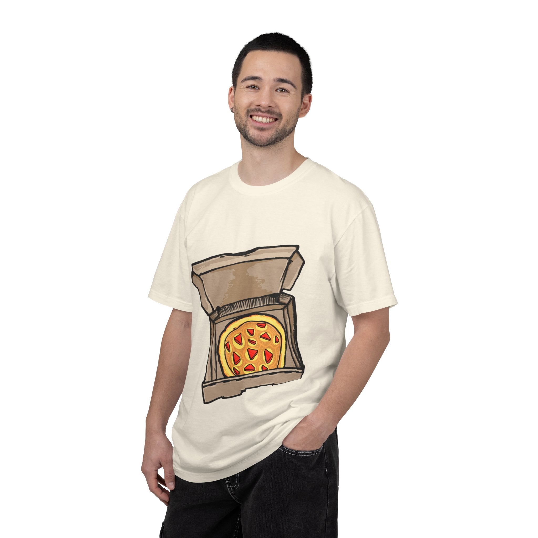Hand-drawn gold pizza box t-shirt showing open pizza box with gold pizza and red diamond toppings from PizzaBytes collection

