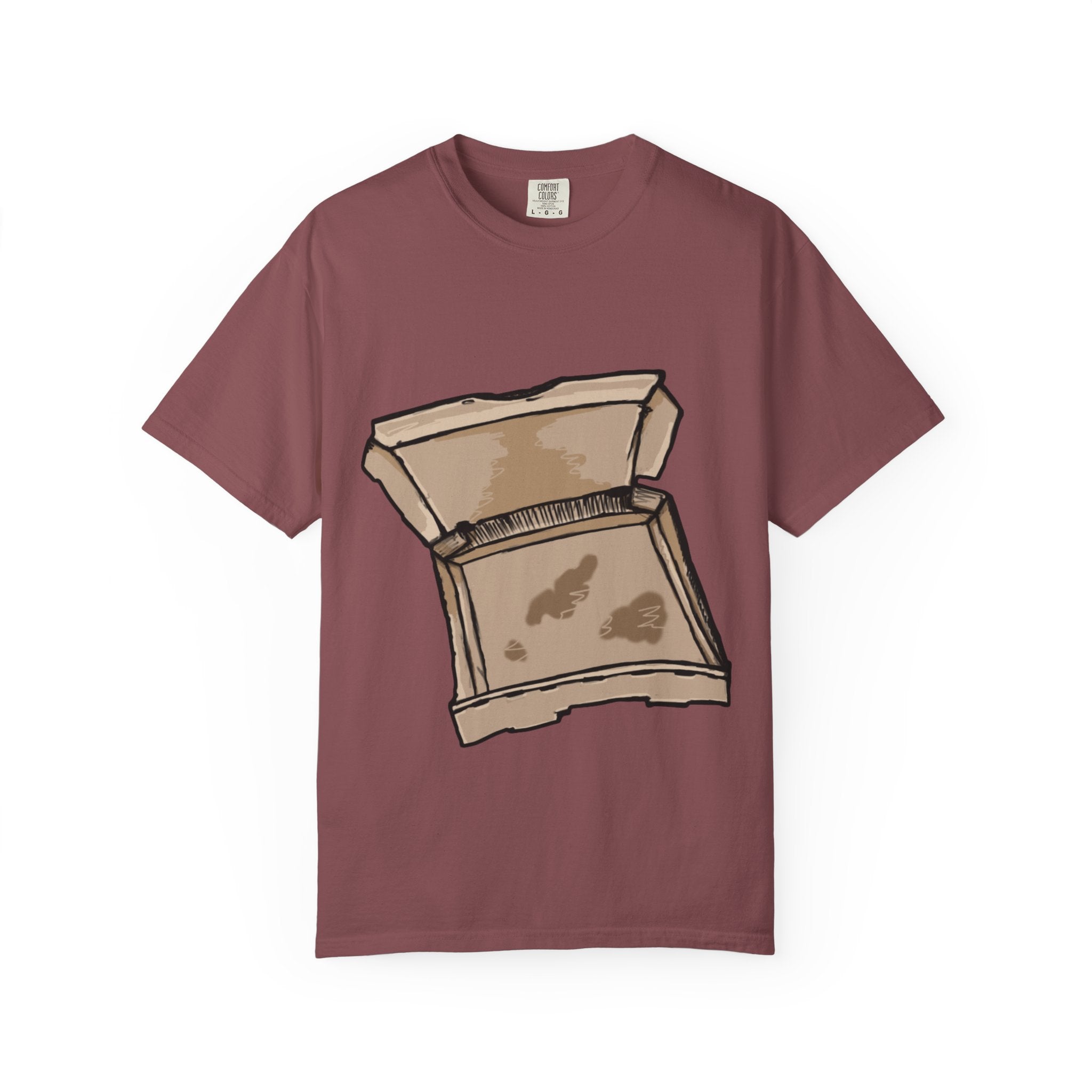 Hand-drawn empty pizza box t-shirt showing open box with grease stains on Comfort tee from PizzaBytes collection

