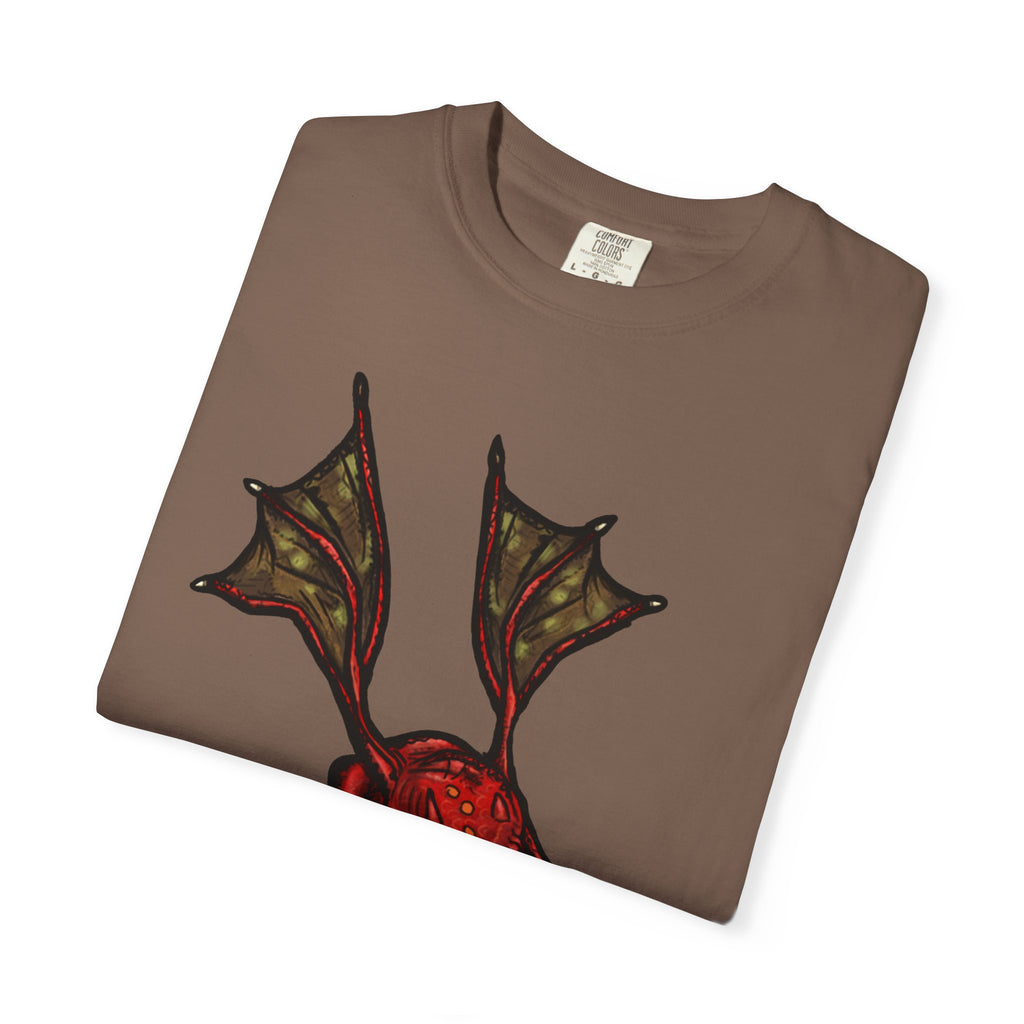 Freaky Features Fire Imp t-shirt, front shows a red bat-winged fire imp, back shows a monster-headed pizza box being raided by little red devils 
