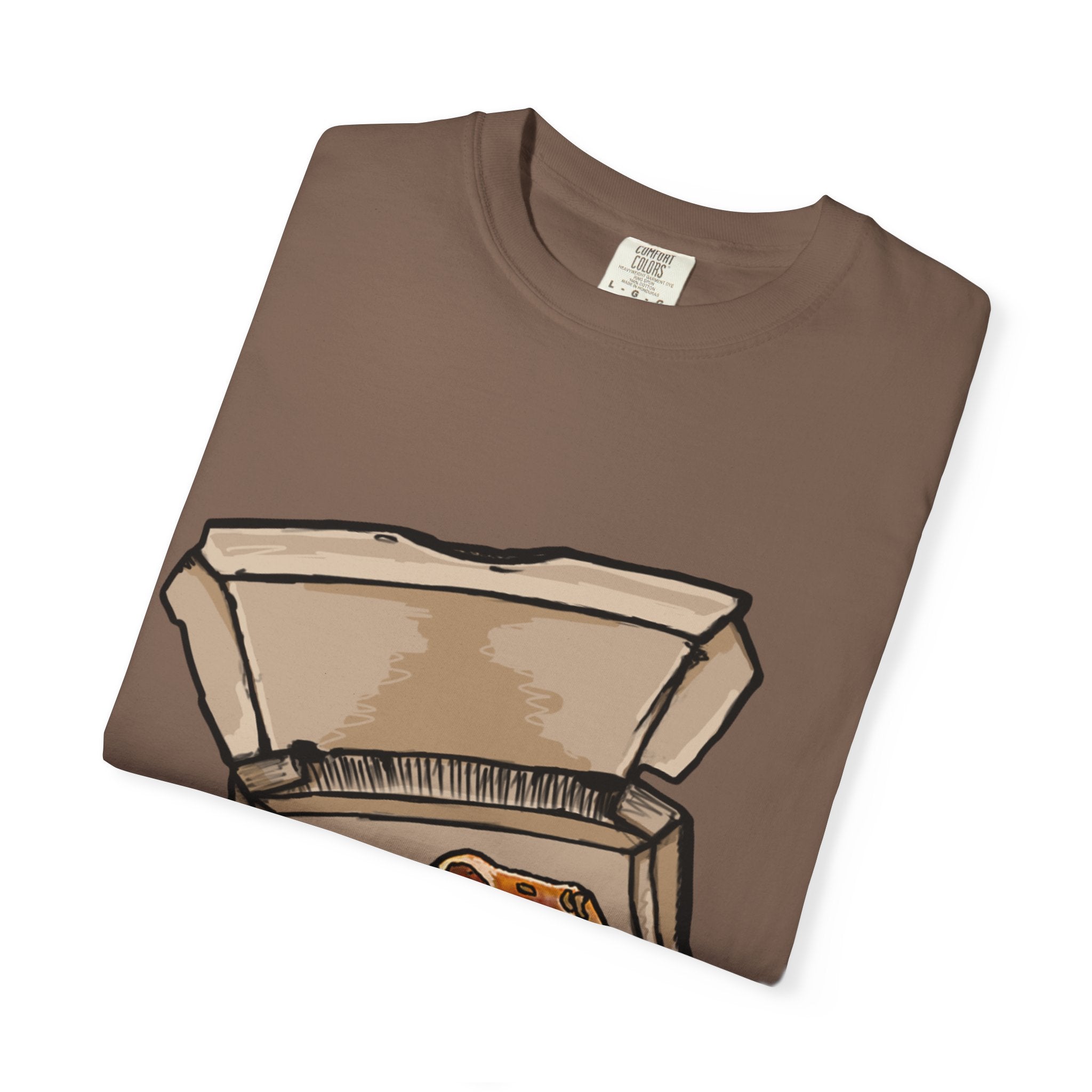 Hand-drawn calzone pizza box t-shirt showing open pizza box with two calzones from PizzaBytes collection

