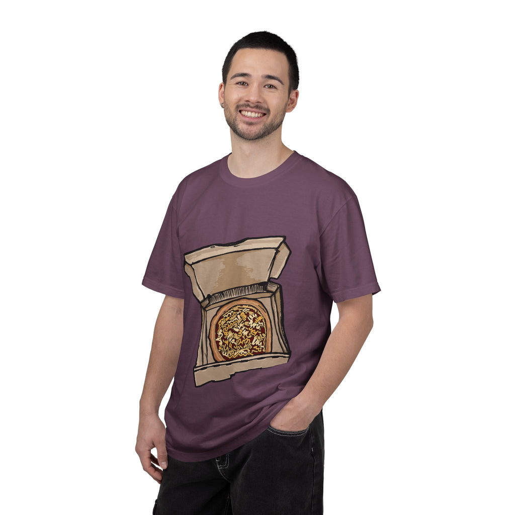 Hand-drawn noodle pizza box t-shirt showing open pizza box with pizza topped with crispy noodles from PizzaBytes collection

