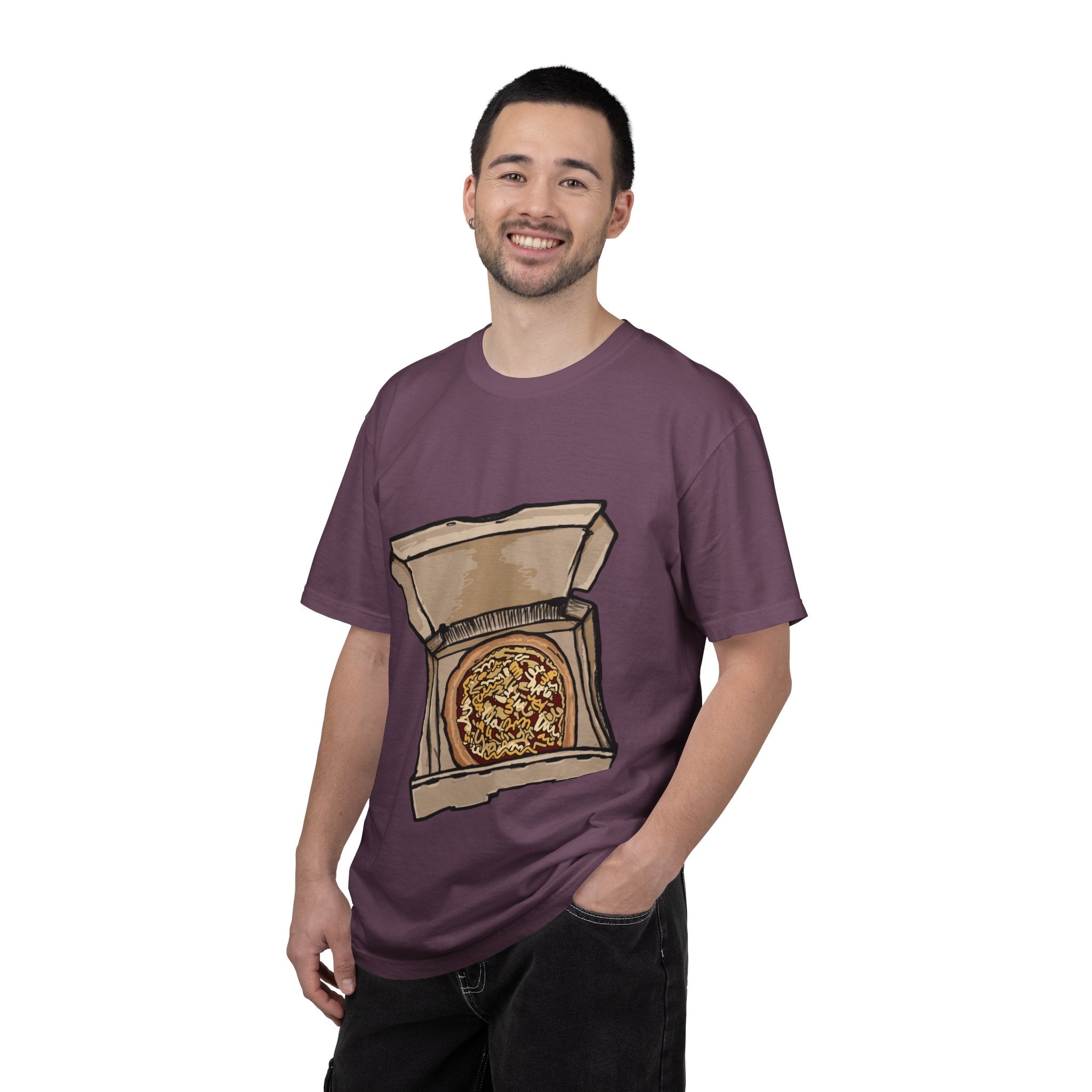 Hand-drawn noodle pizza box t-shirt showing open pizza box with pizza topped with crispy noodles from PizzaBytes collection

