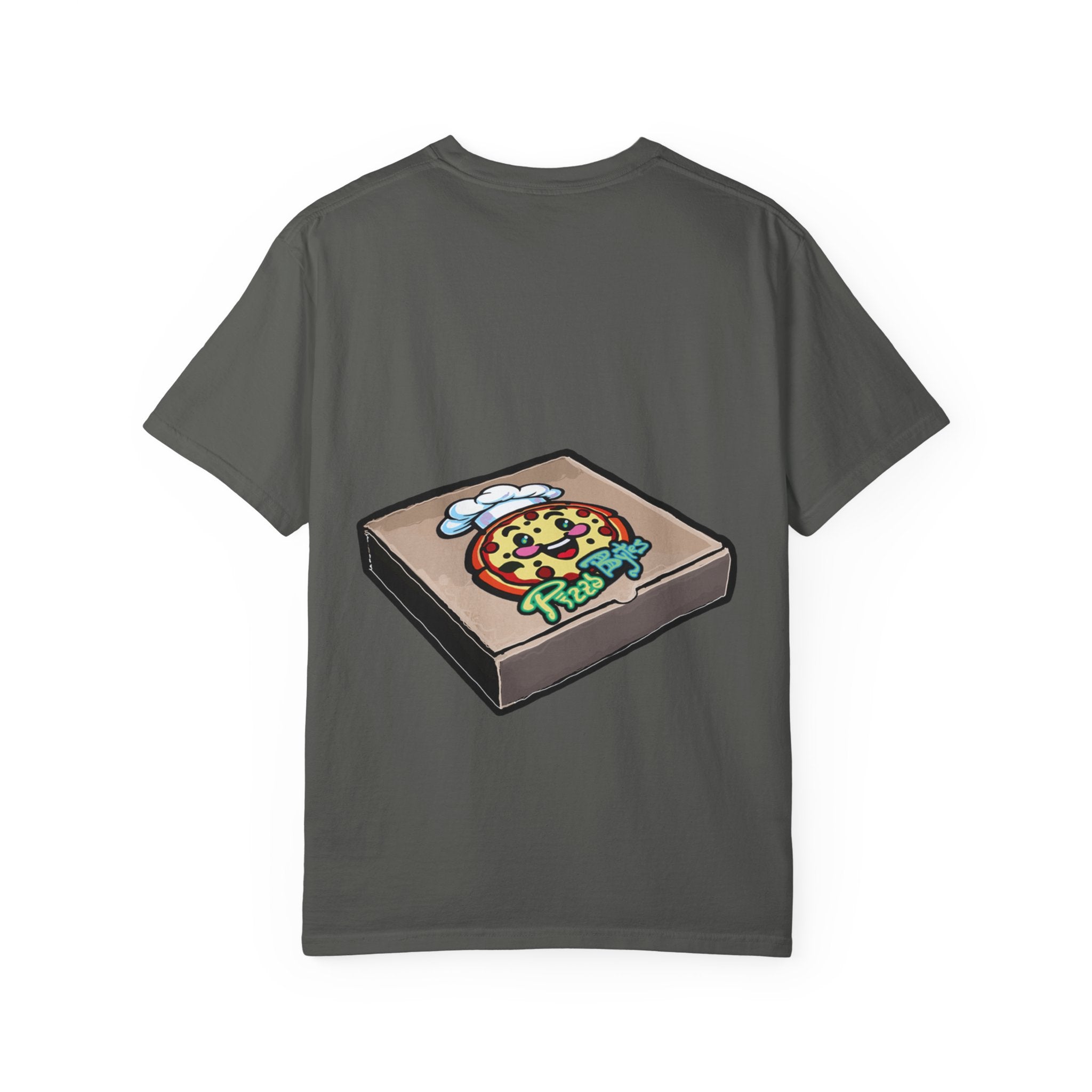 Hand-drawn burger pizza box t-shirt showing open pizza box with pepperoni pizza topped with mini cheeseburgers on Comfort tee from PizzaBytes collection