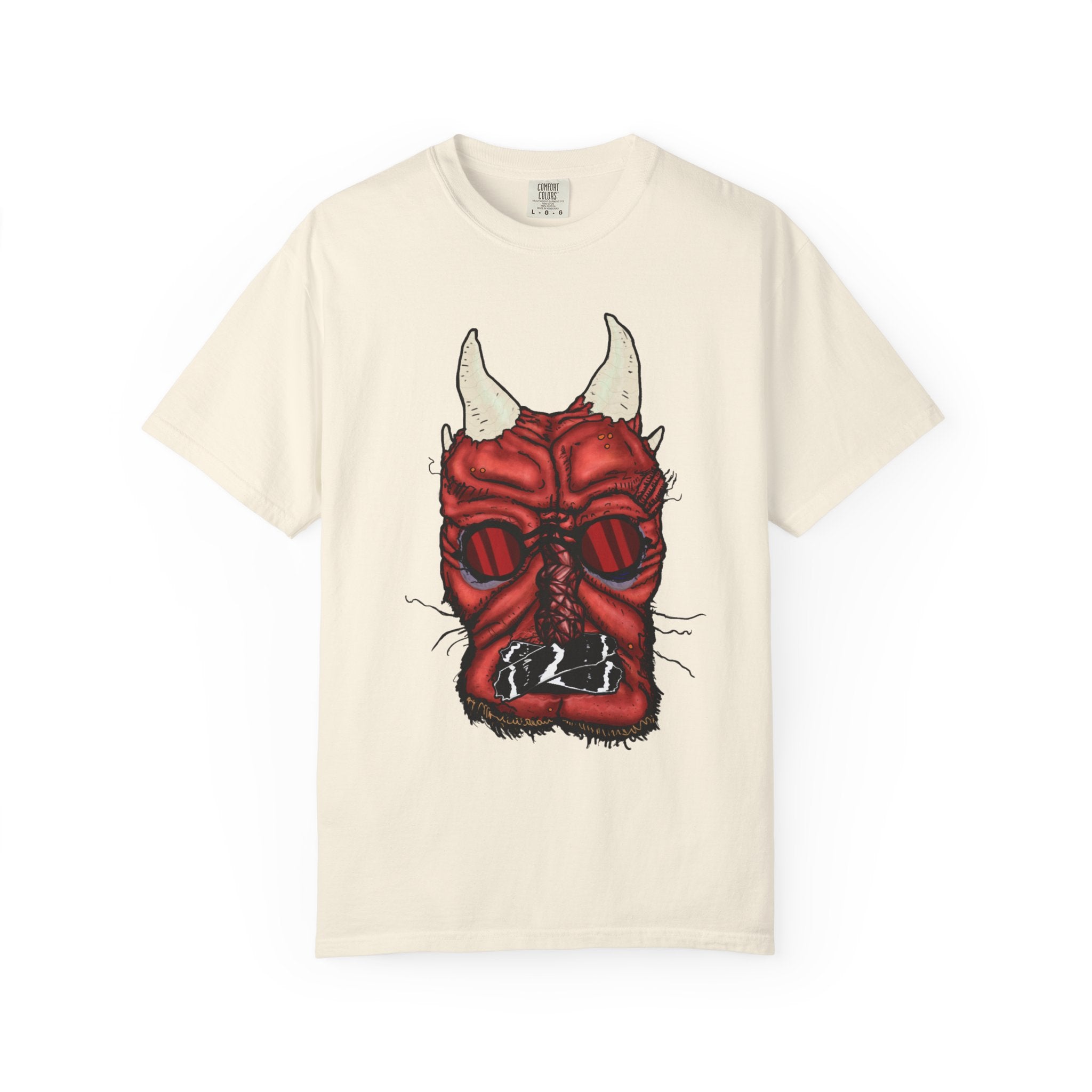 Freaky Features Demon t-shirt, front shows red demon head with horns and glowing eyes, back shows open pizza box being raided by little red devils
