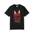 Freaky Features Demon t-shirt, front shows red demon head with horns and glowing eyes, back shows open pizza box being raided by little red devils

