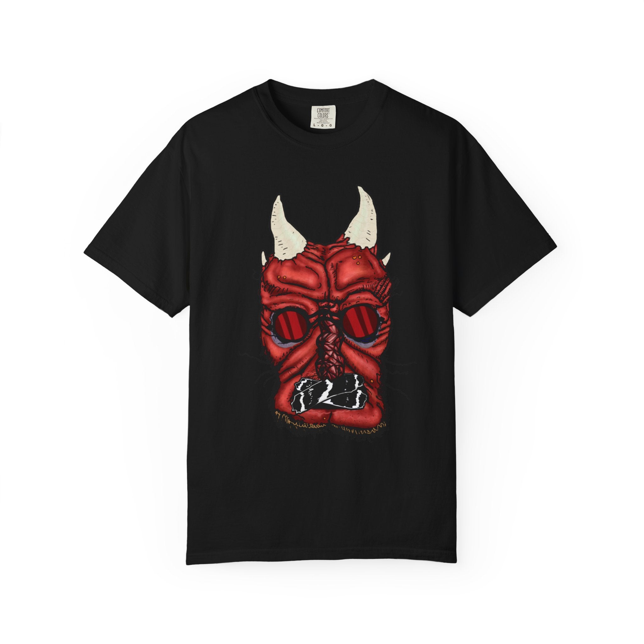 Freaky Features Demon t-shirt, front shows red demon head with horns and glowing eyes, back shows open pizza box being raided by little red devils
