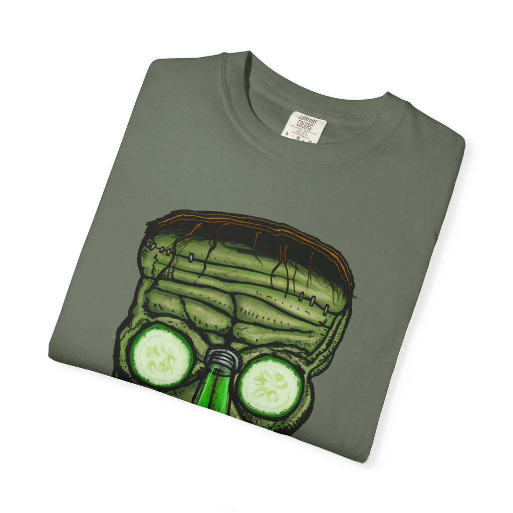 Freaky Features Franky t-shirt, front shows Frankenstein-style monster head with cucumber eyes and poison vial nose, back shows monster-headed pizza box with green pizza frisbee