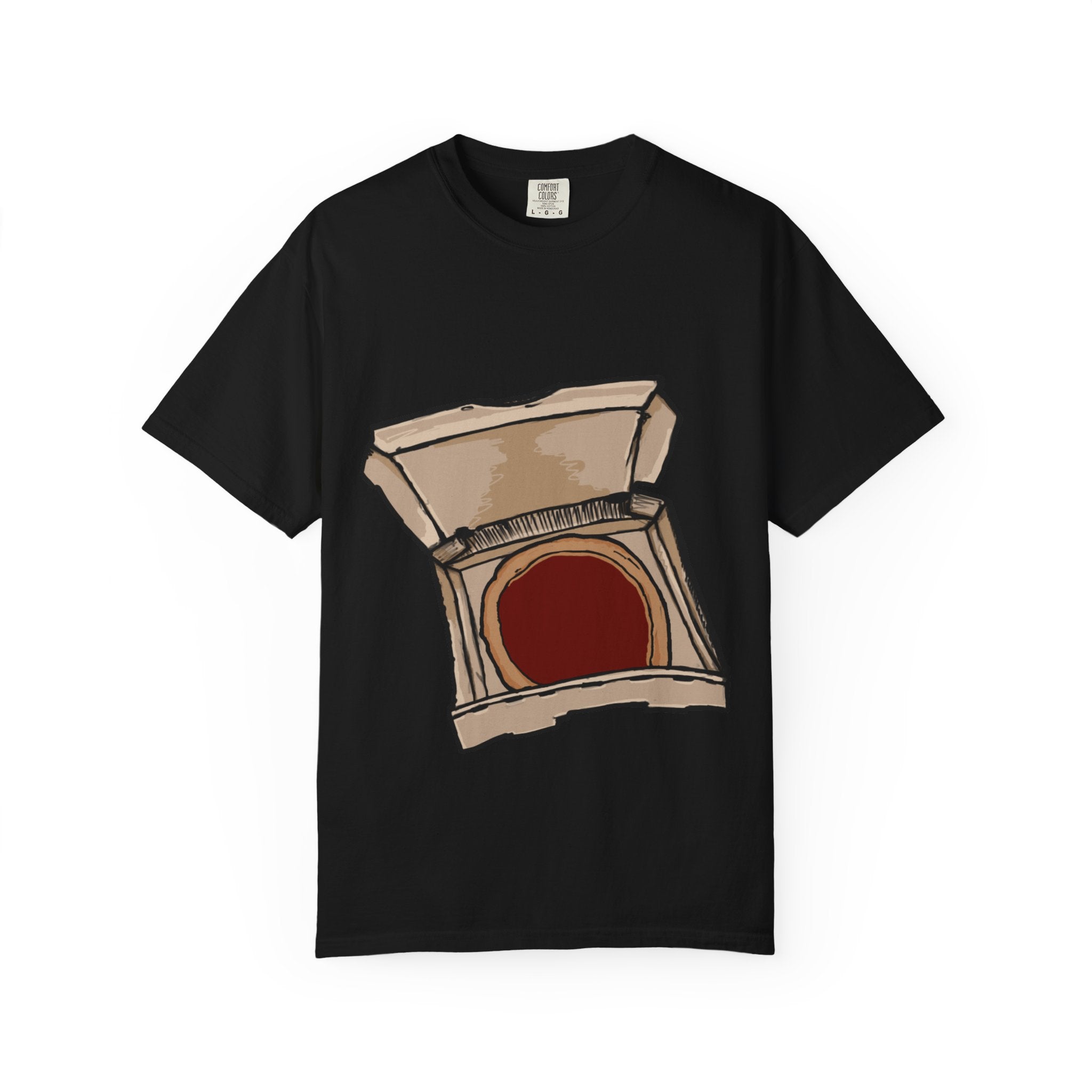 Hand-drawn red sauce pizza box t-shirt showing open pizza box with red sauce pizza from PizzaBytes collection

