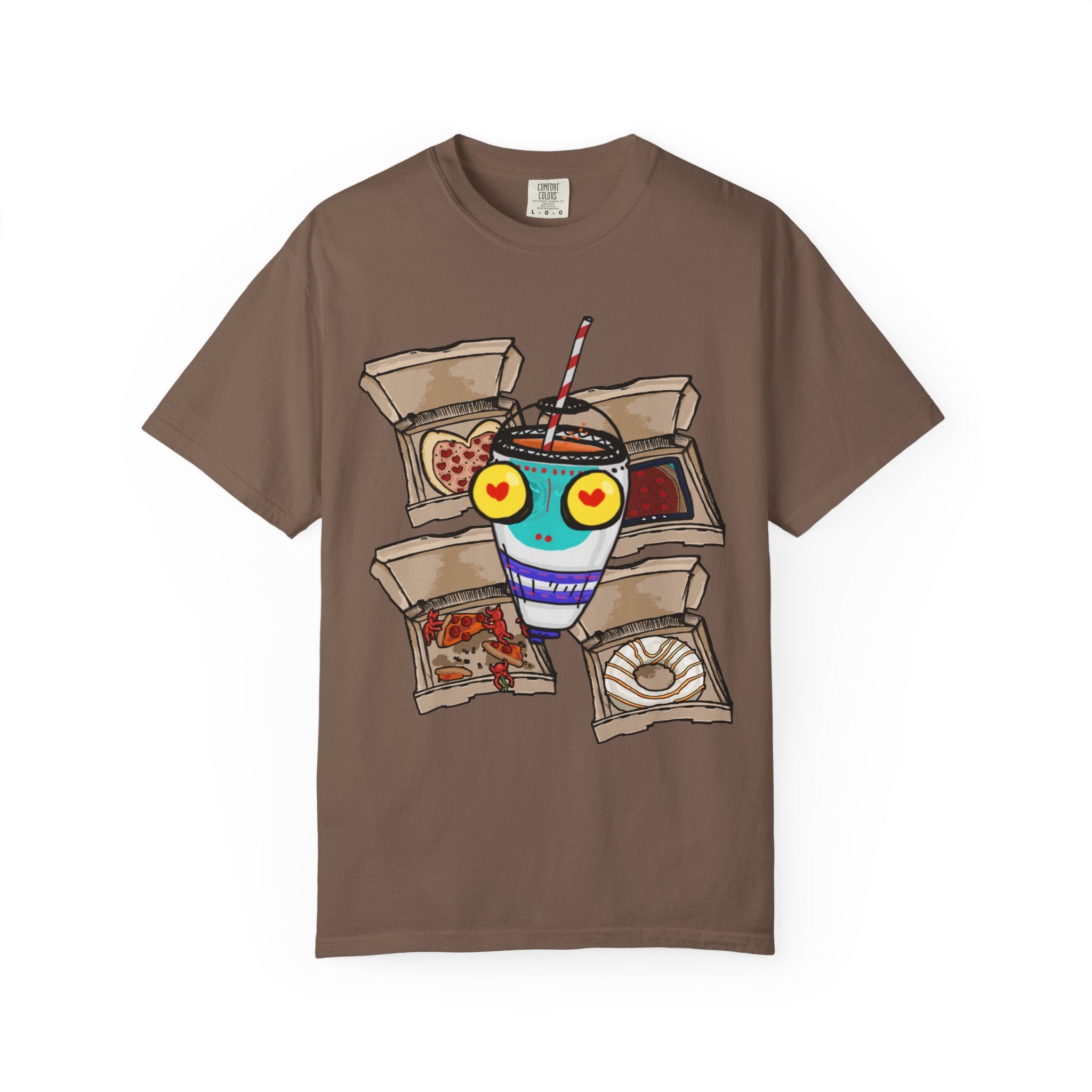 Hand-drawn PizzaBytes Set #4 t-shirt showing a cute blue soda cup monster with heart eyes in front of multiple open pizza boxes from PizzaBytes collection


