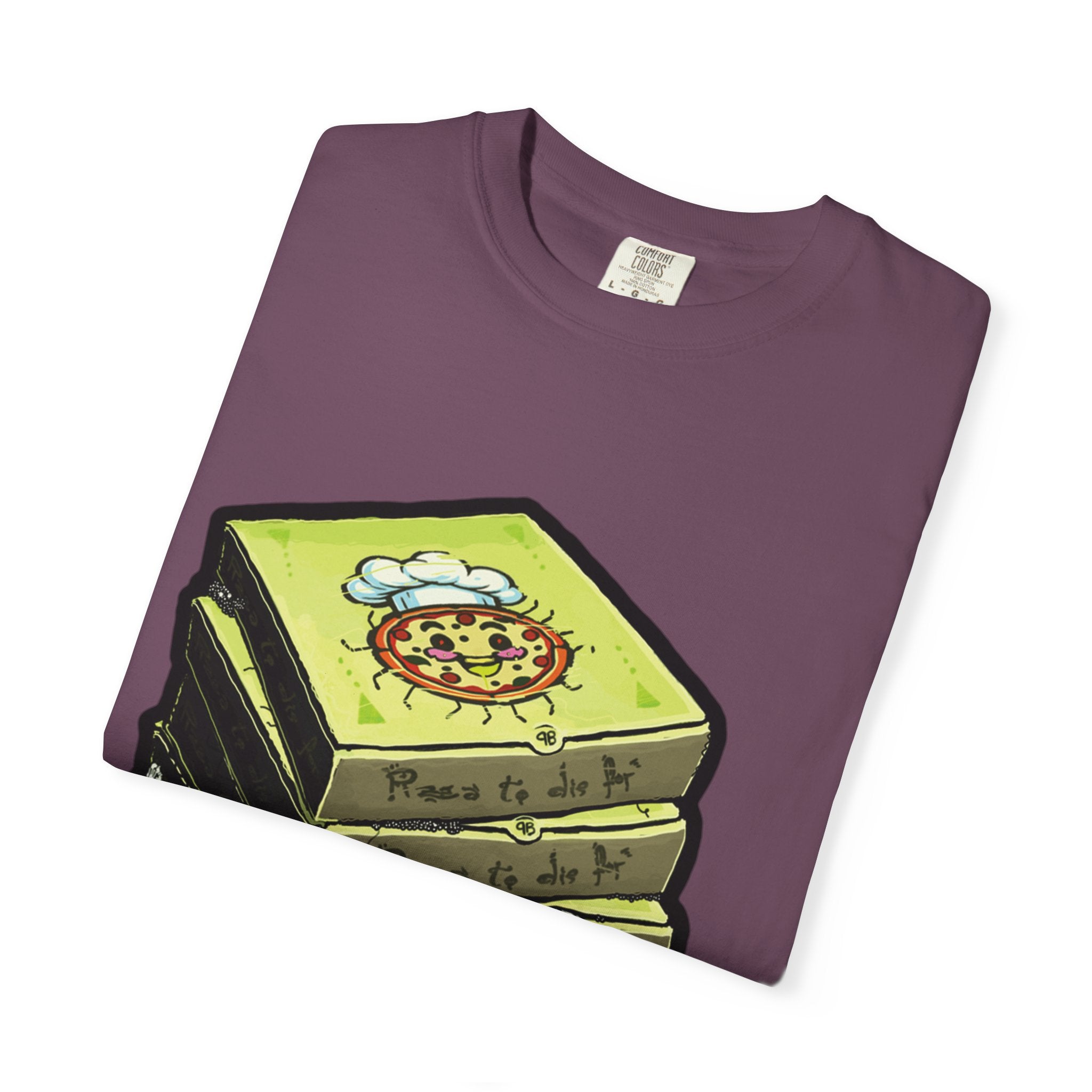 Hand-drawn toxic pizza stack t-shirt with glowing green pizza character and slimy tentacle on tee from PizzaBytes collection