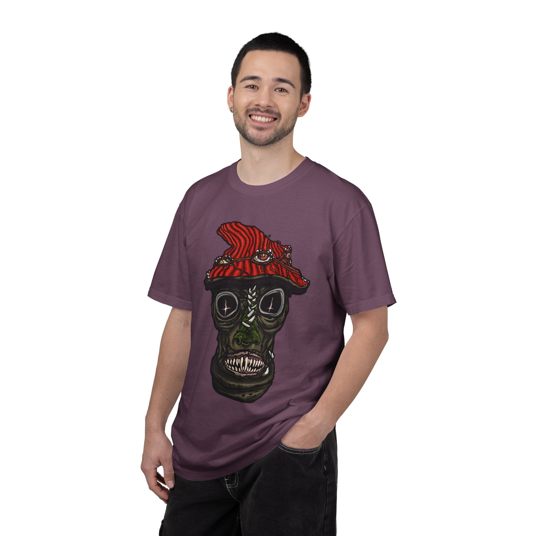 Freaky Features Mushroom Boy t-shirt, front shows grotesque mushroom skull with red cap and multiple eyes, back shows open pizza box with rainbow sprinkle donut
