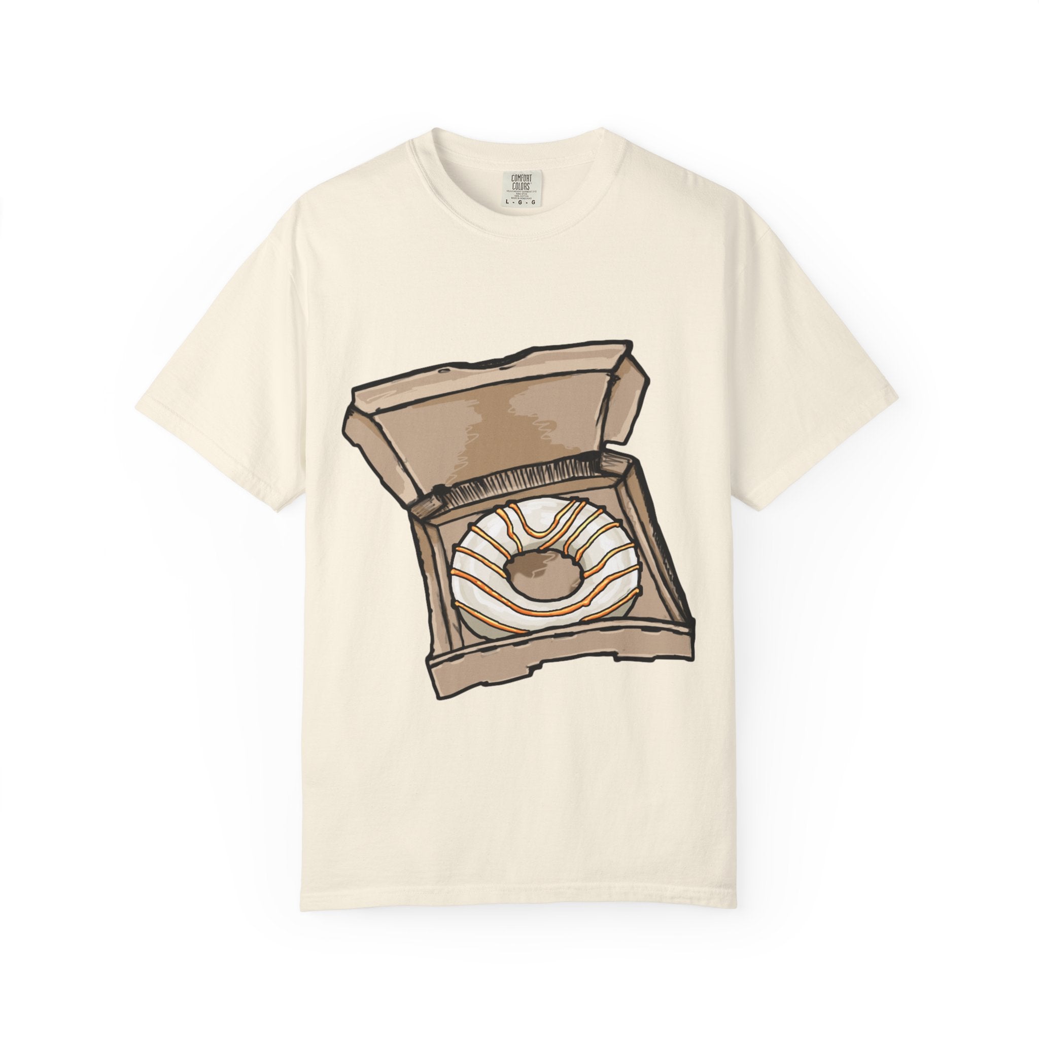 Hand-drawn donut pizza box t-shirt showing open pizza box with white-iced donut and orange drizzle from PizzaBytes collection

