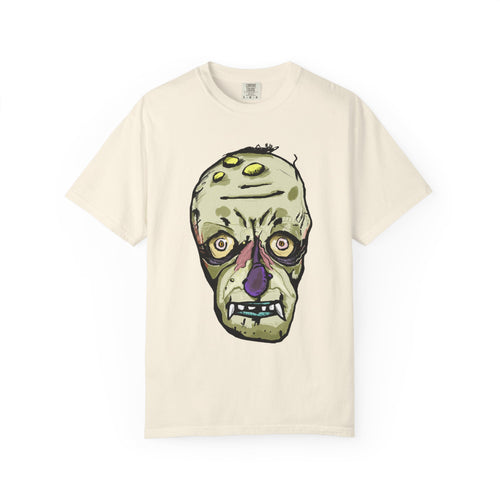 Freaky Features Gremlin t-shirt, front shows grotesque gremlin head with yellow hair and long tongue, back shows open pizza box with wrapped gift inside

