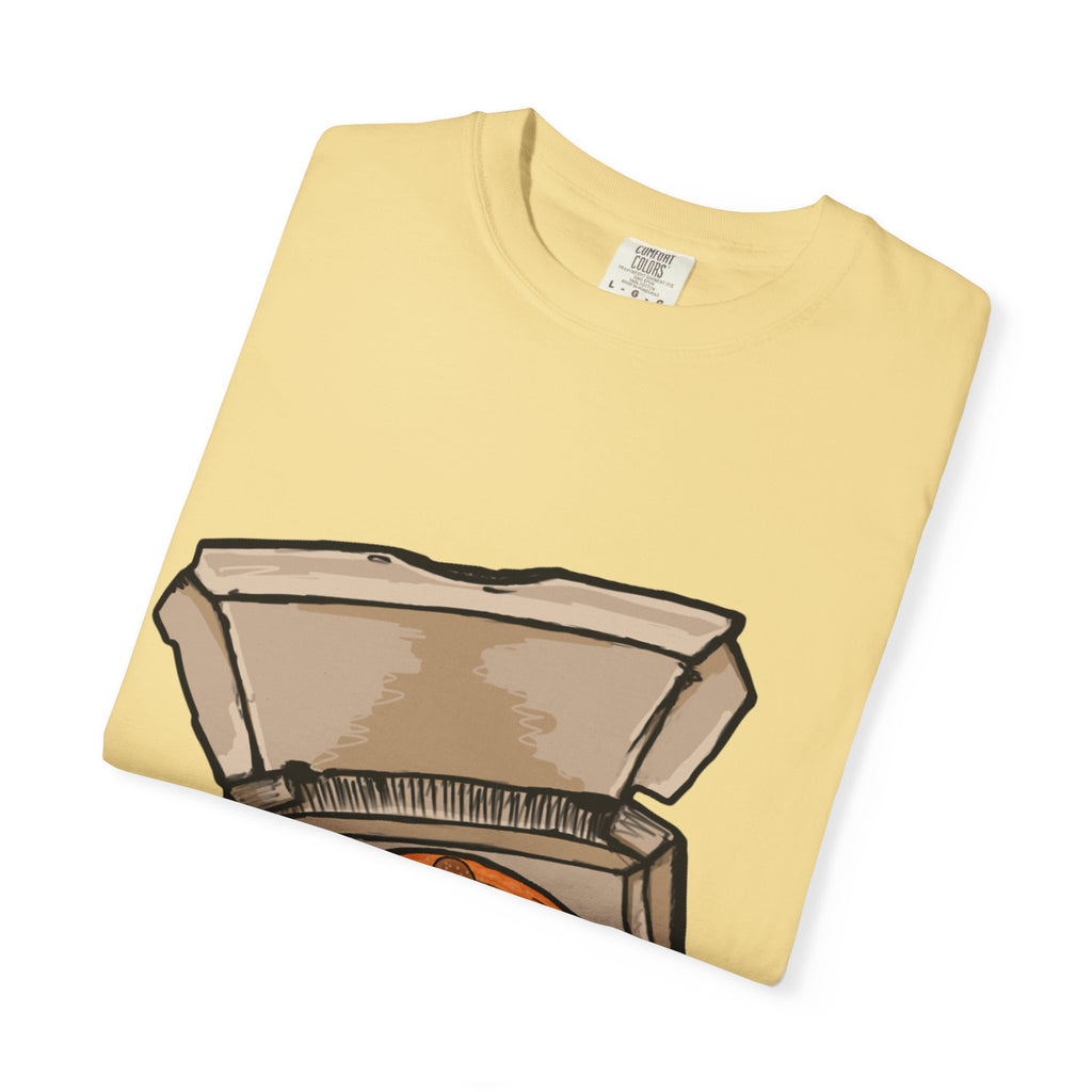 Hand-drawn burger pizza box t-shirt showing open pizza box with pepperoni pizza topped with mini cheeseburgers on Comfort tee from PizzaBytes collection