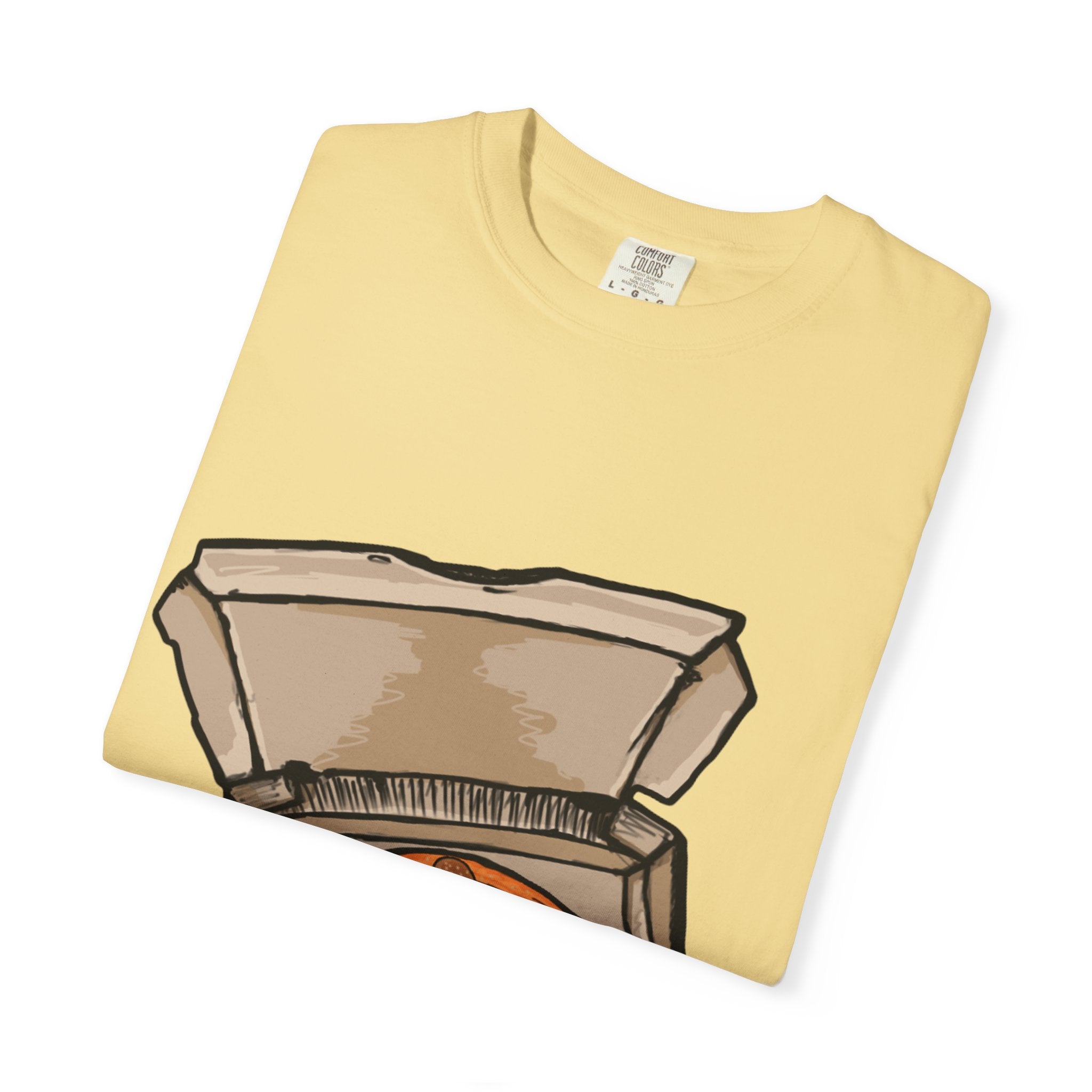 Hand-drawn burger pizza box t-shirt showing open pizza box with pepperoni pizza topped with mini cheeseburgers on Comfort tee from PizzaBytes collection