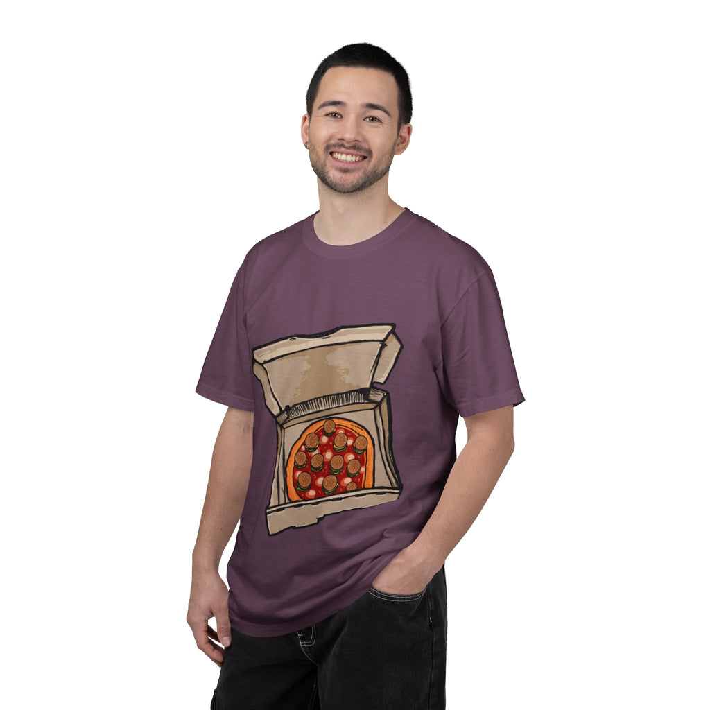Hand-drawn burger pizza box t-shirt showing open pizza box with pepperoni pizza topped with mini cheeseburgers on Comfort tee from PizzaBytes collection