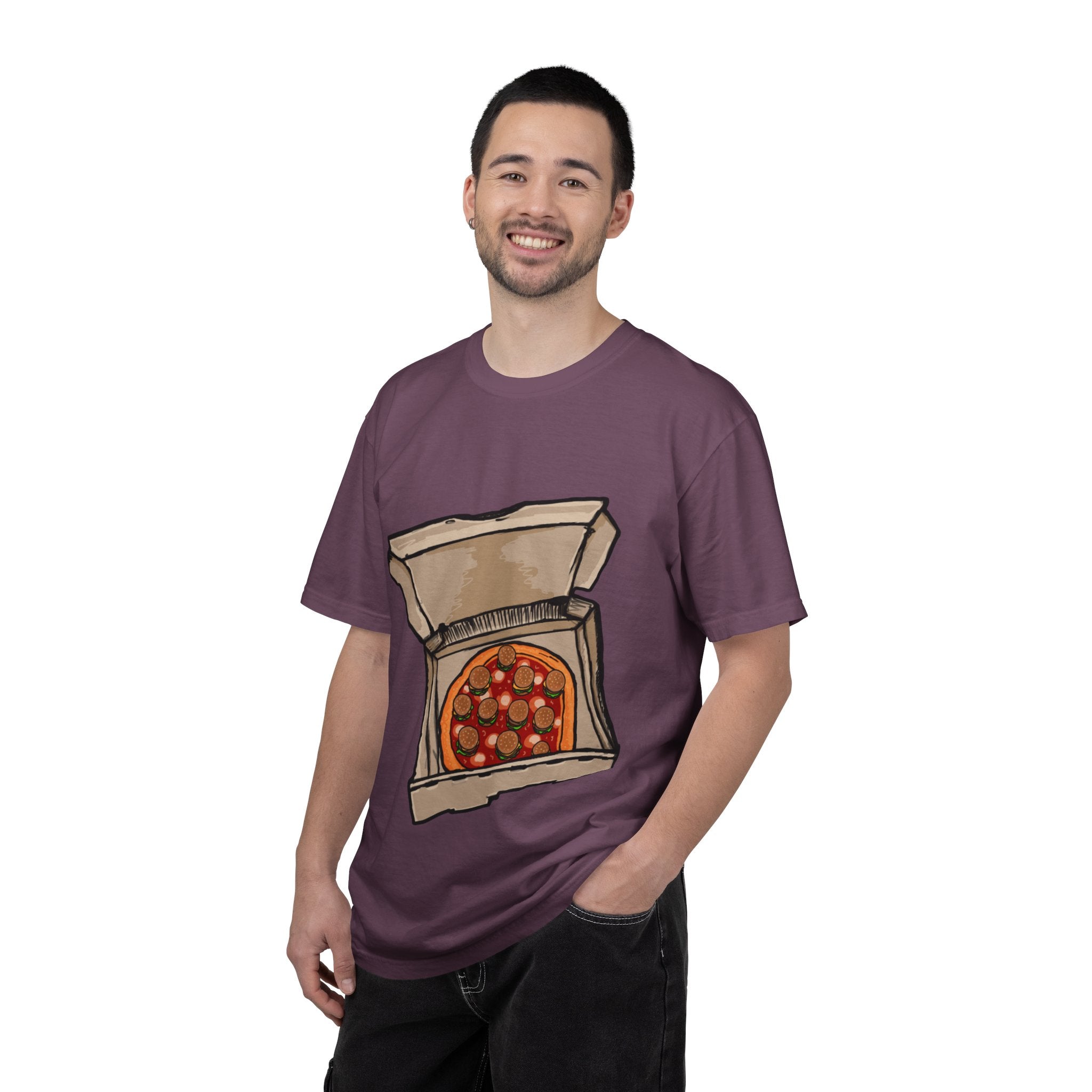 Hand-drawn burger pizza box t-shirt showing open pizza box with pepperoni pizza topped with mini cheeseburgers on Comfort tee from PizzaBytes collection